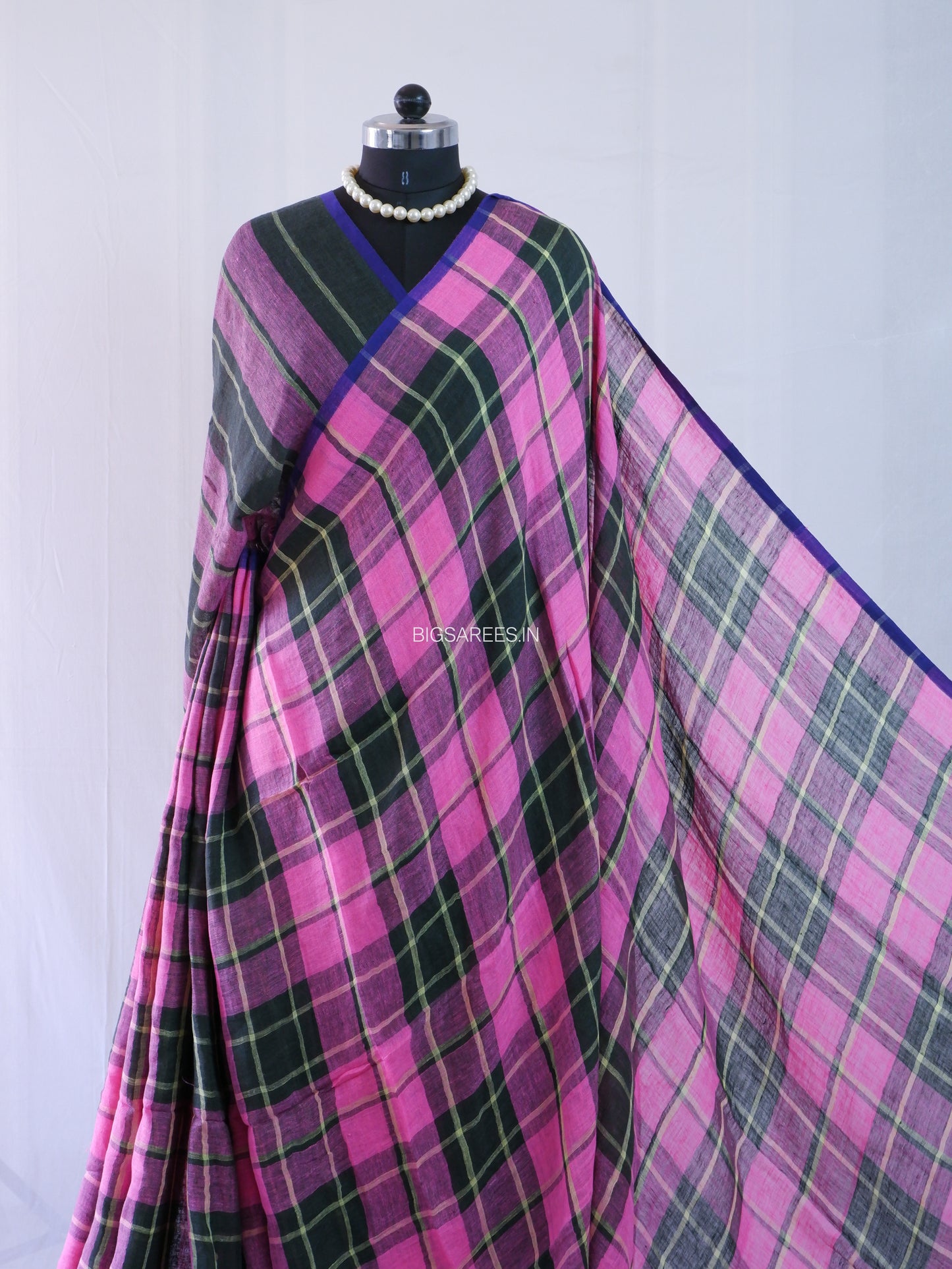 Pure Jayshree Linen Saree | Checks | Pink-Black