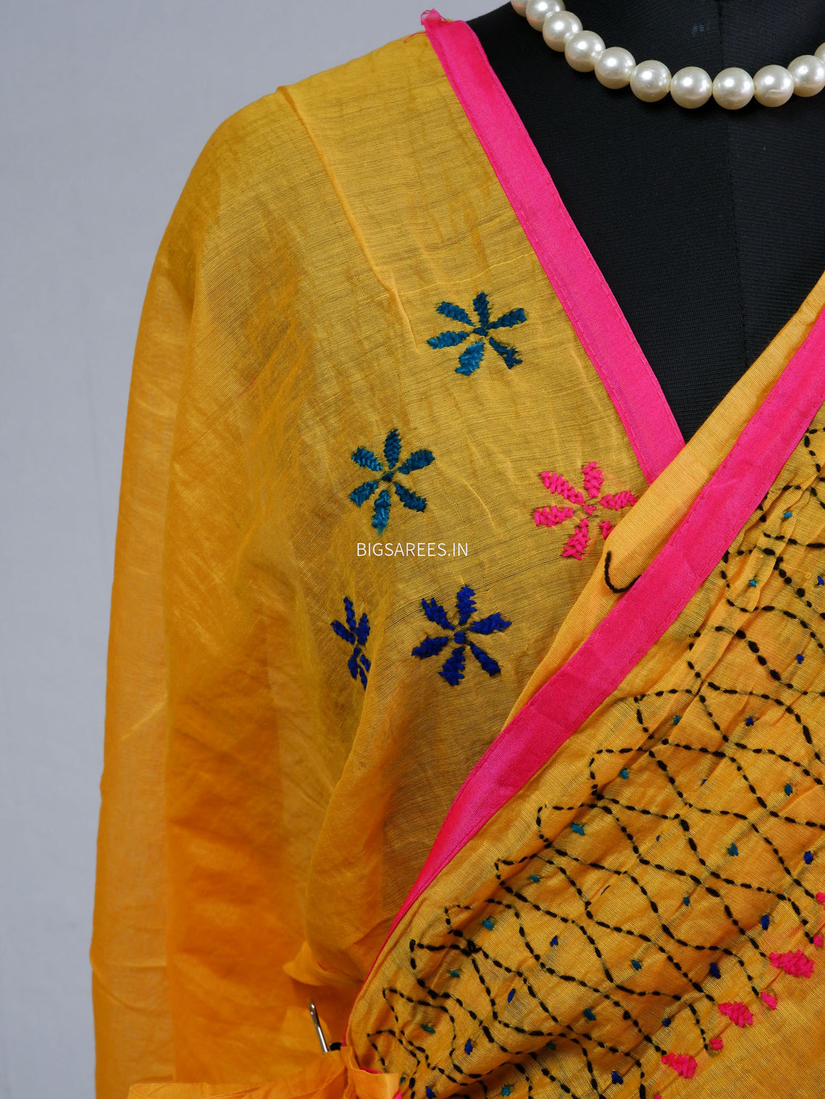 Phulkari Hand-Embroidered Saree | Chanderi Silk | Yellow