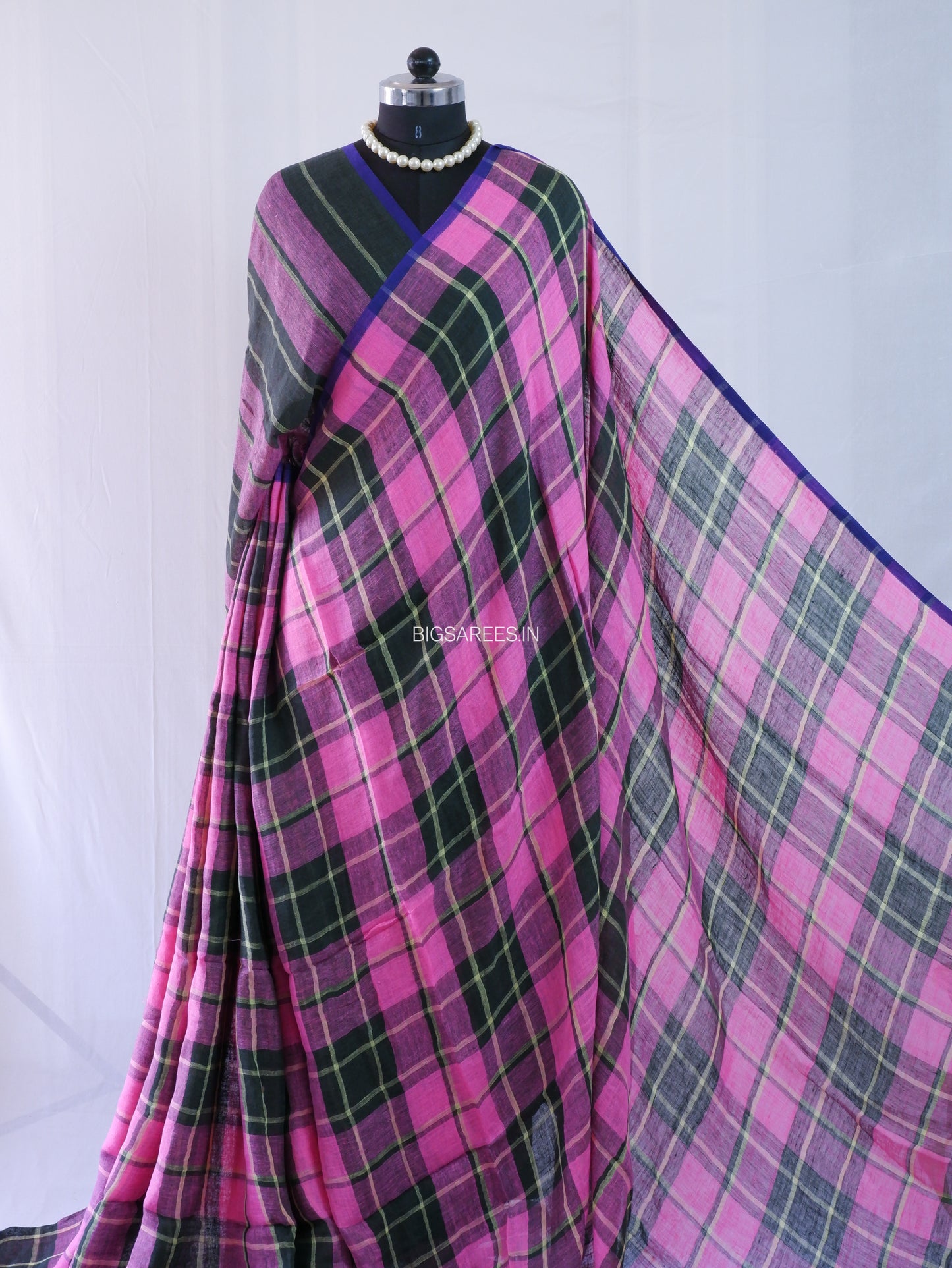 Pure Jayshree Linen Saree | Checks | Pink-Black