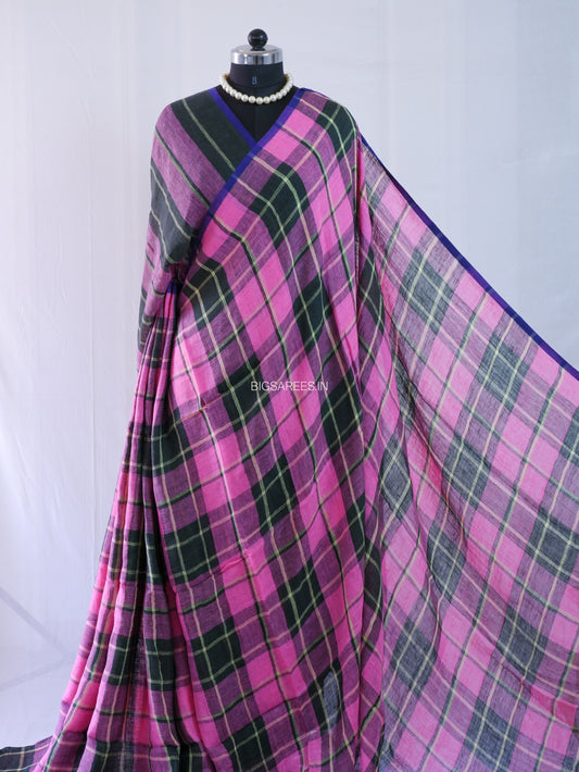 Pure Jayshree Linen Saree | Checks | Pink-Black