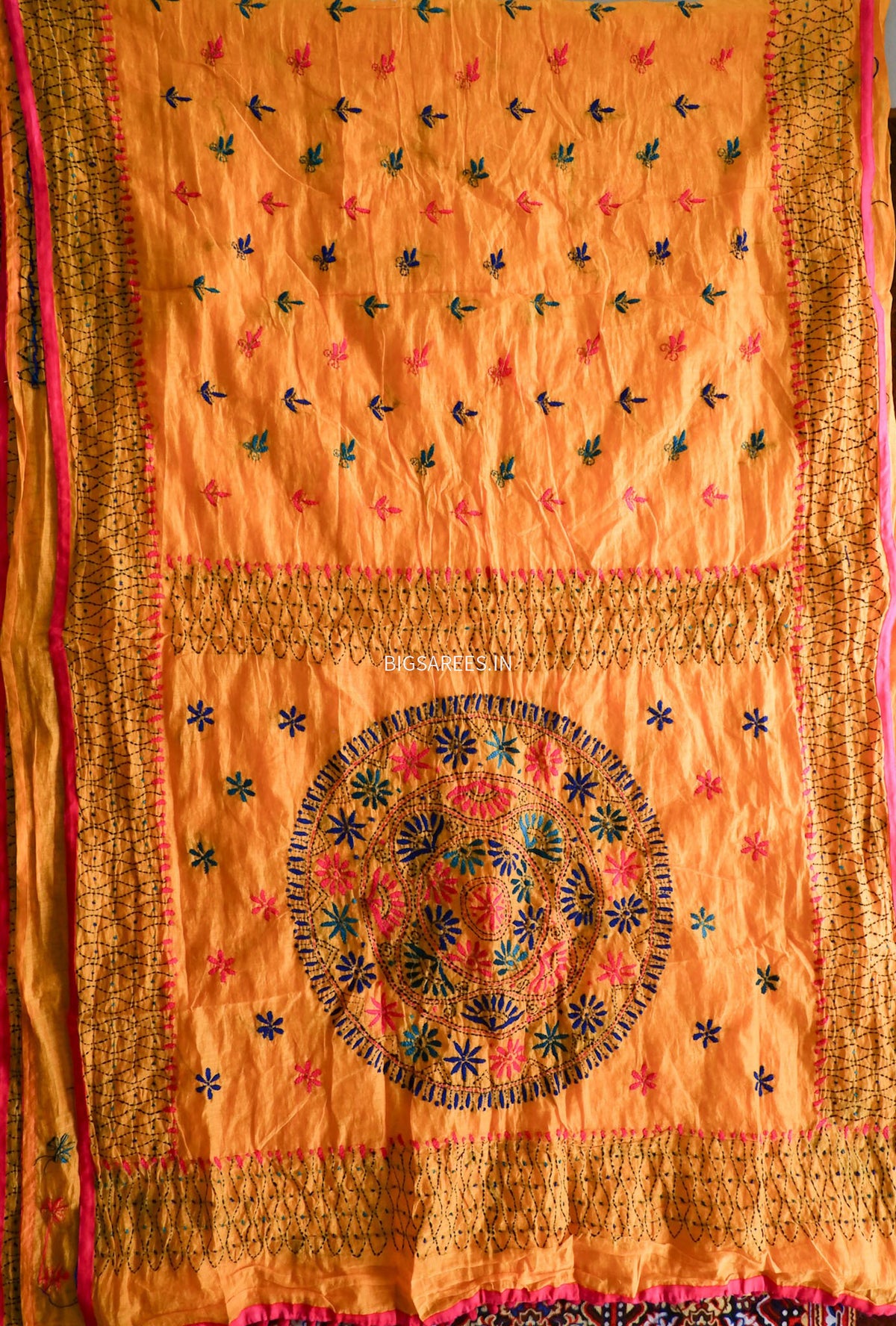 Phulkari Hand-Embroidered Saree | Chanderi Silk | Yellow