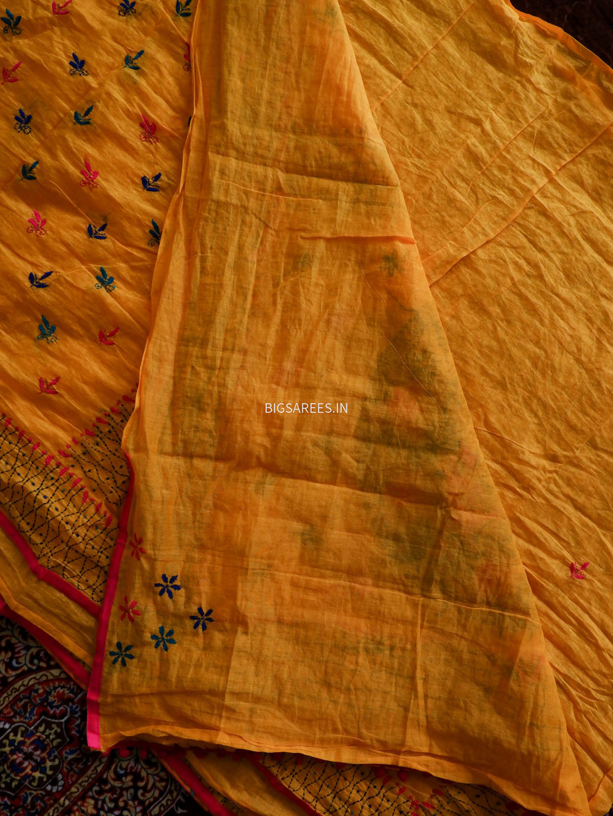 Phulkari Hand-Embroidered Saree | Chanderi Silk | Yellow