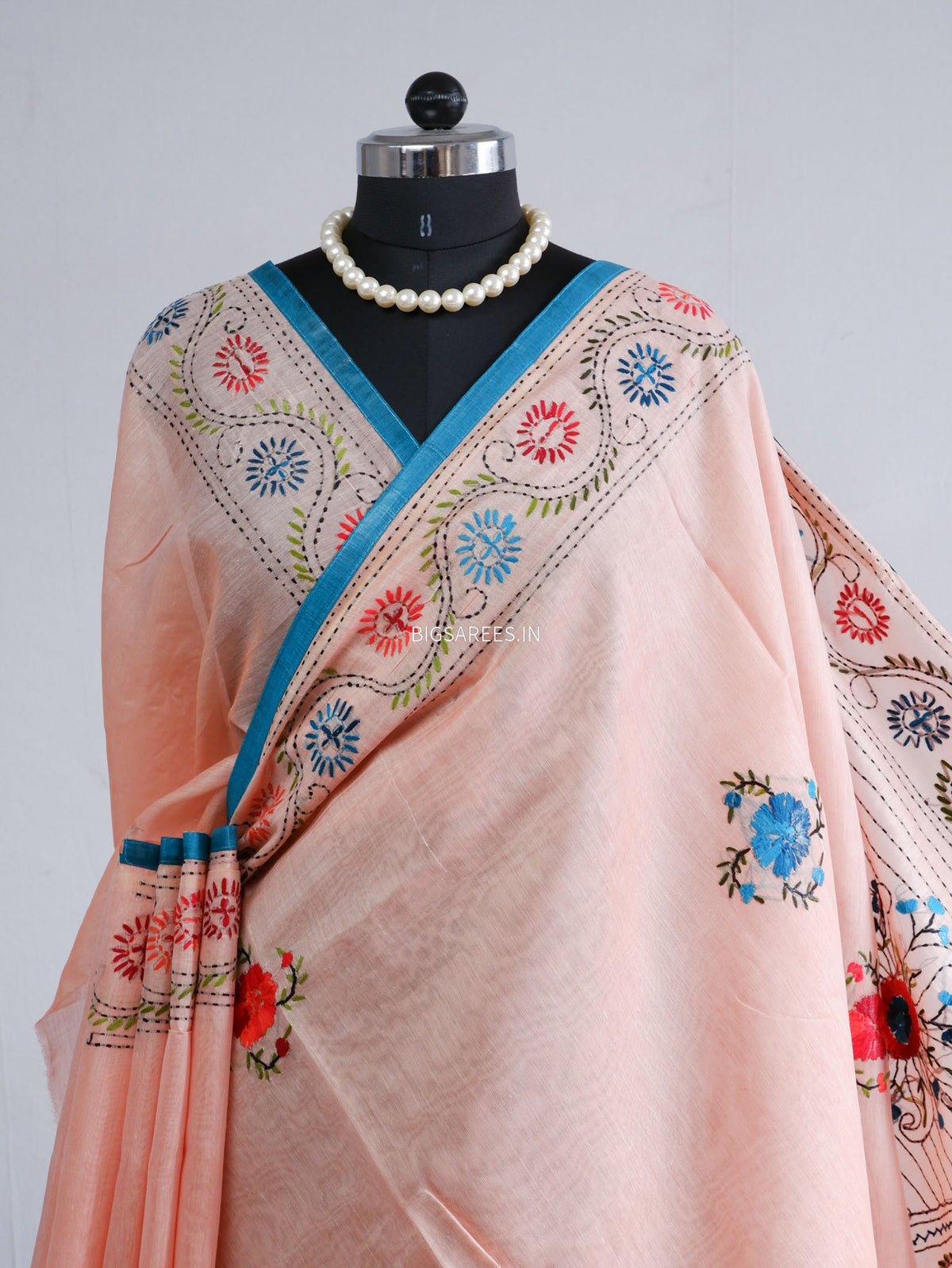 Phulkari Hand-Embroidered Saree | Chanderi Silk | Pastel Pink