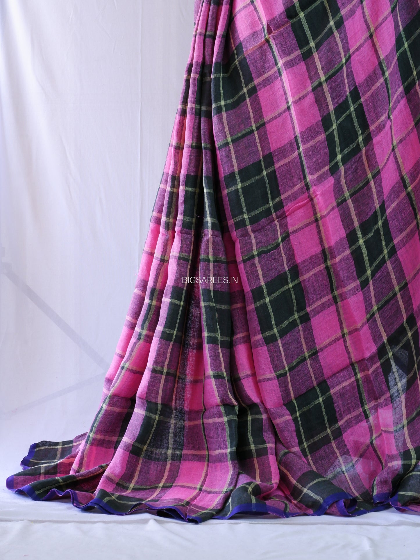 Pure Jayshree Linen Saree | Checks | Pink-Black