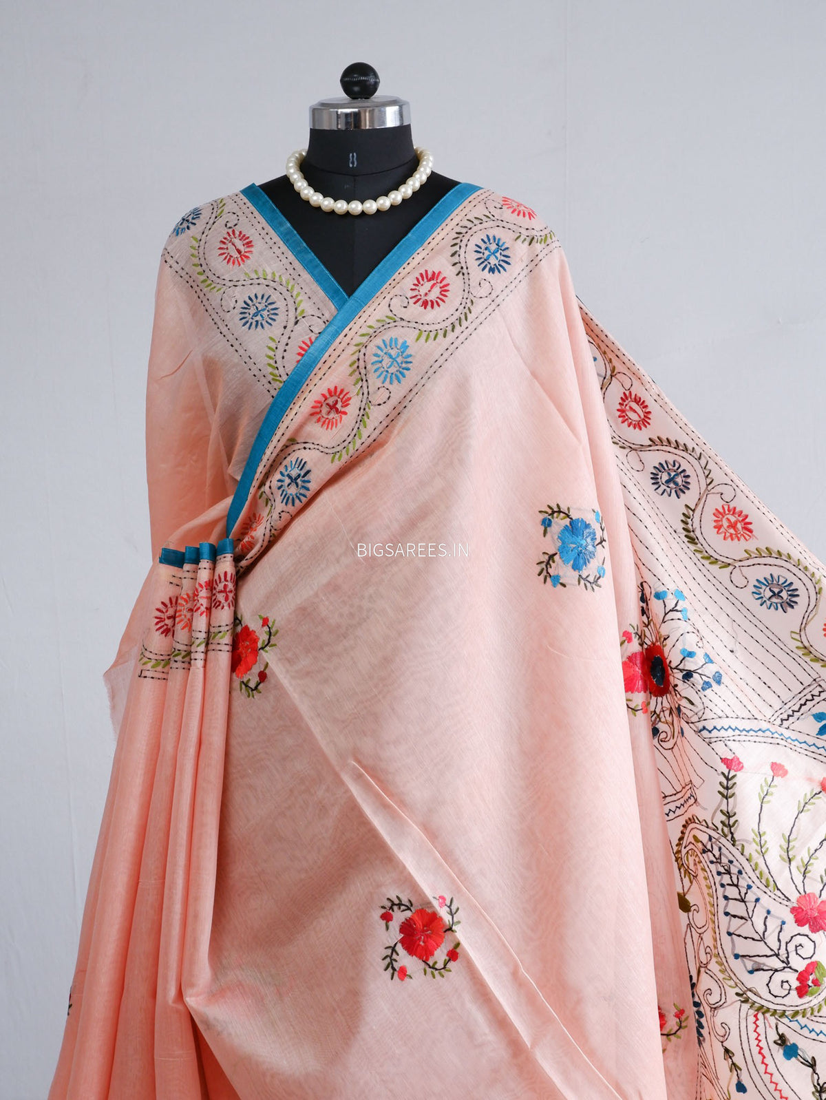 Phulkari Hand-Embroidered Saree | Chanderi Silk | Pastel Pink