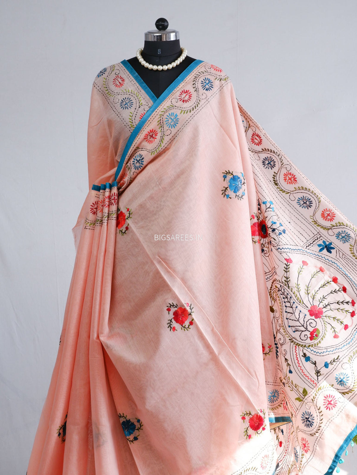 Phulkari Hand-Embroidered Saree | Chanderi Silk | Pastel Pink