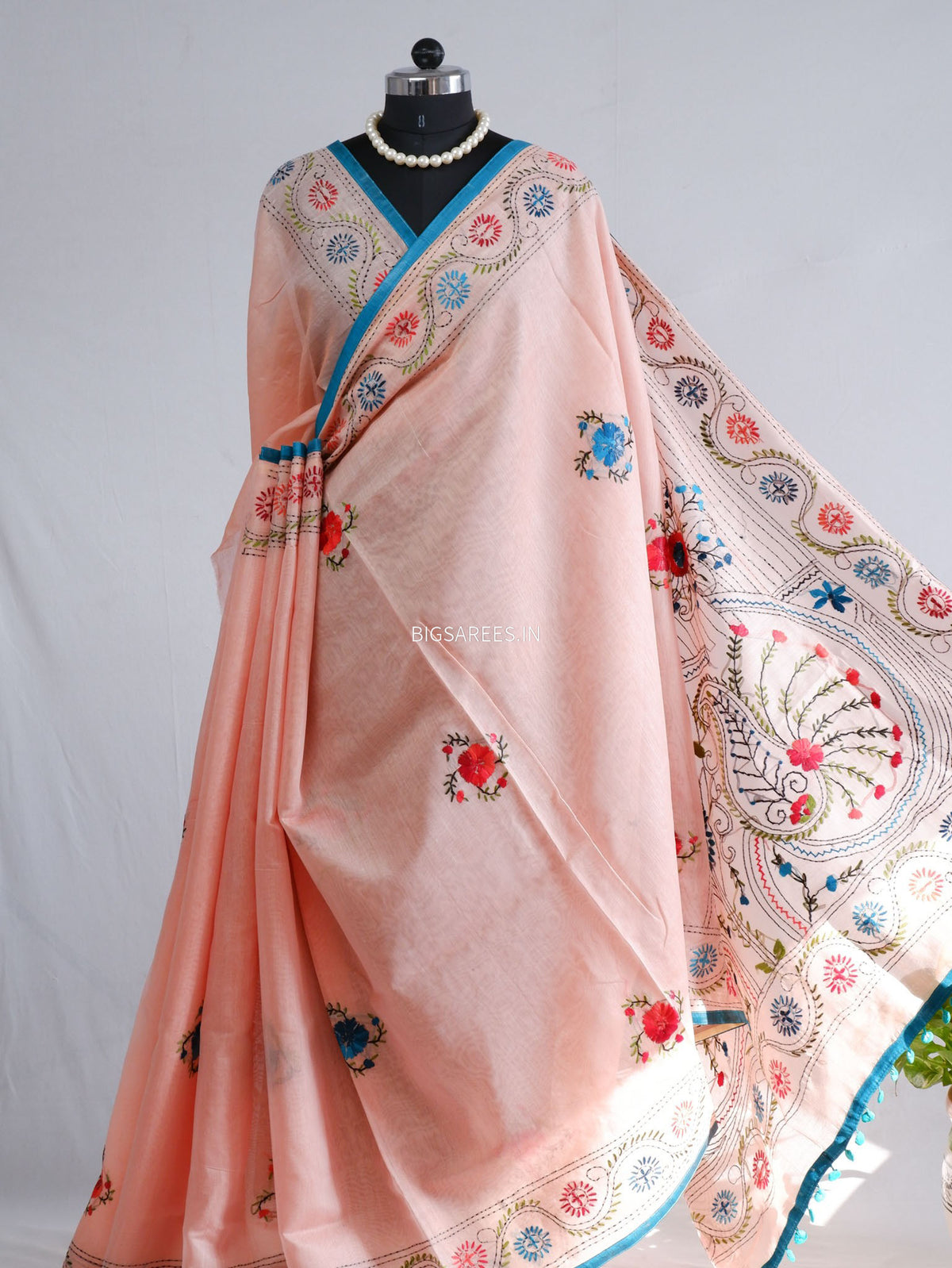 Phulkari Hand-Embroidered Saree | Chanderi Silk | Pastel Pink