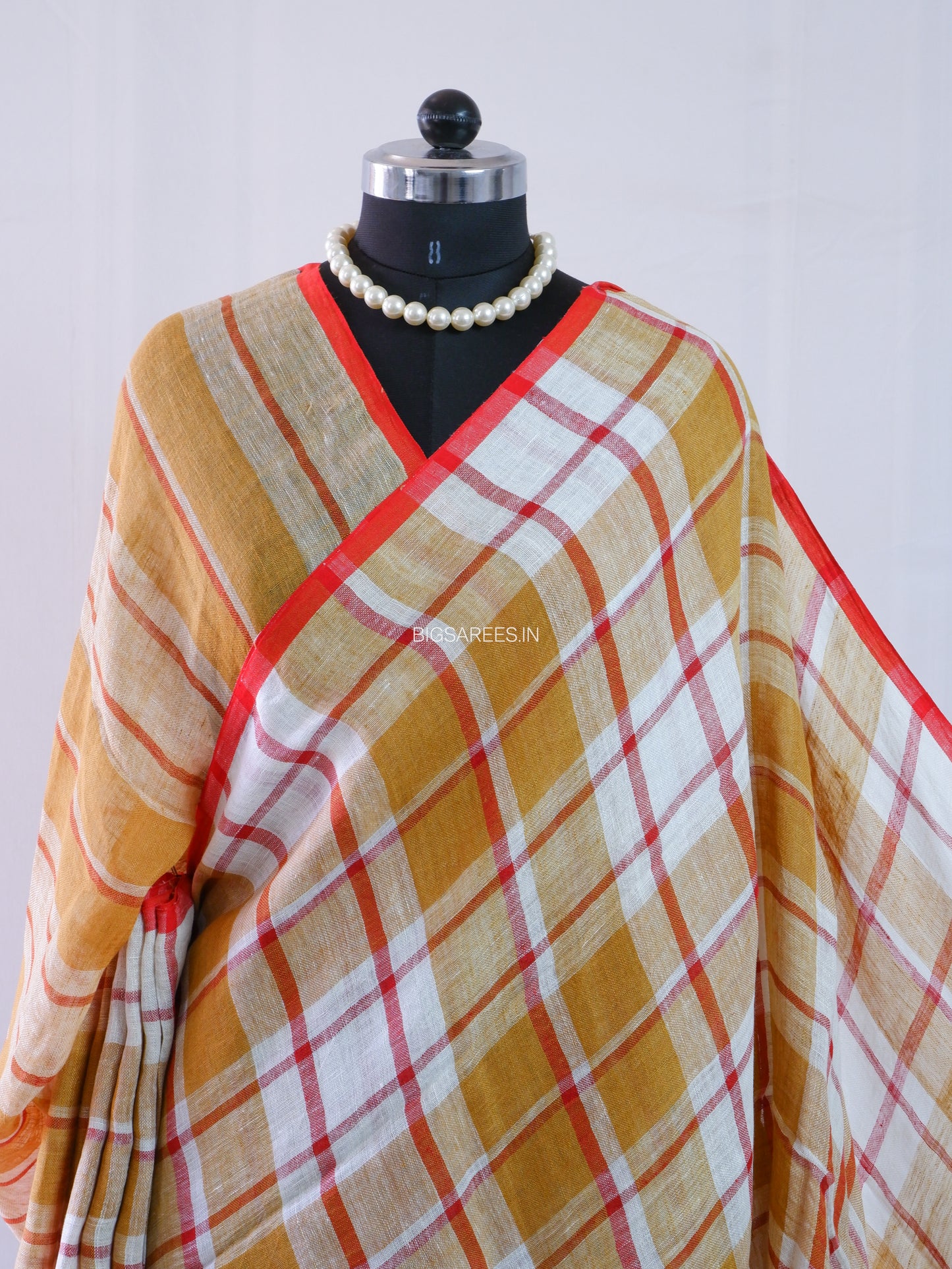 Pure Jayshree Linen Saree | Checks | Brown-Red