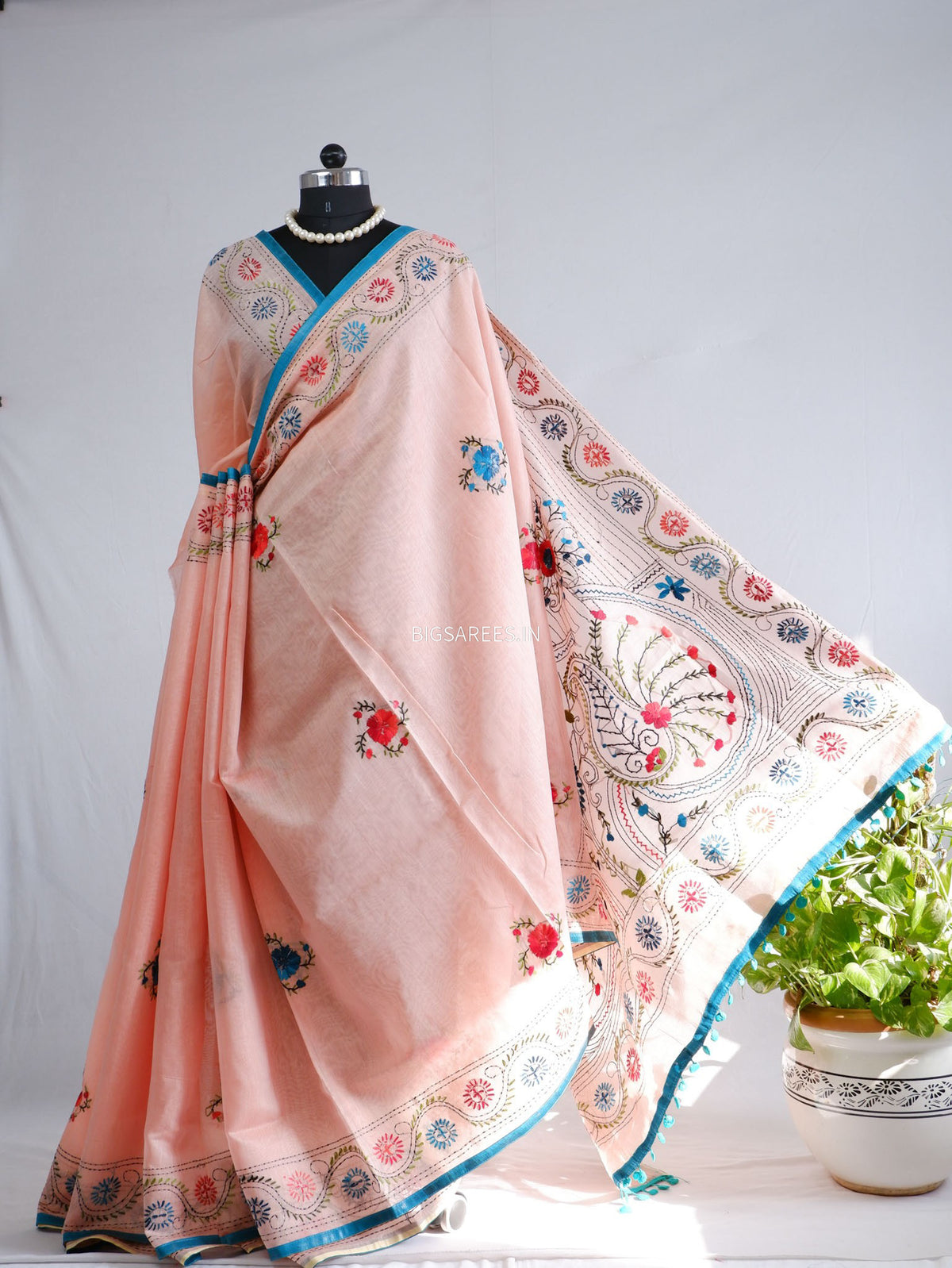 Phulkari Hand-Embroidered Saree | Chanderi Silk | Pastel Pink
