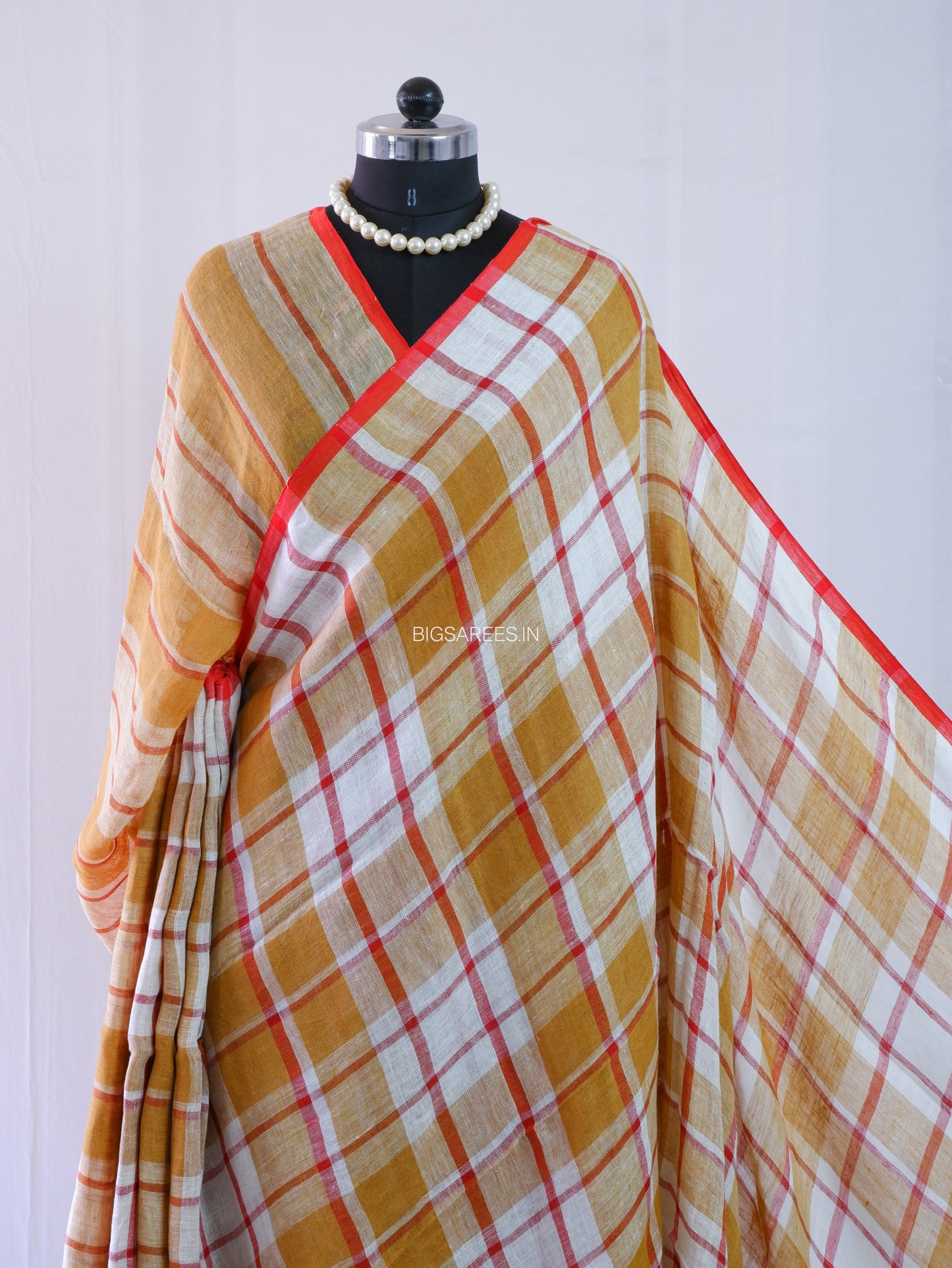 Pure Jayshree Linen Saree | Checks | Brown-Red