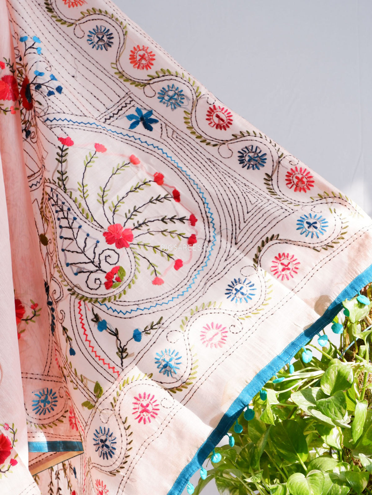Phulkari Hand-Embroidered Saree | Chanderi Silk | Pastel Pink