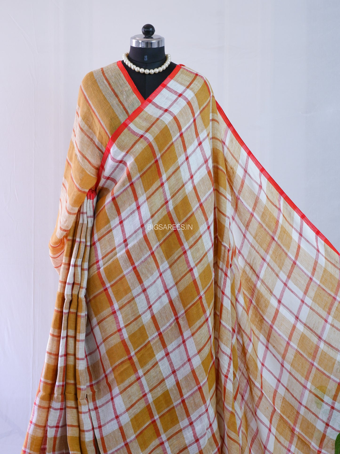 Pure Jayshree Linen Saree | Checks | Brown-Red