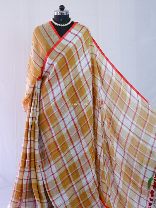 Pure Jayshree Linen Saree | Checks | Brown-Red