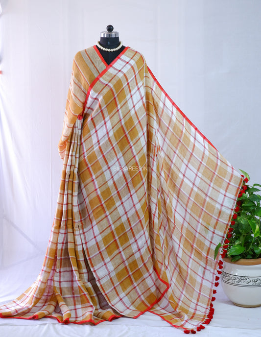 Pure Jayshree Linen Saree | Checks | Brown-Red