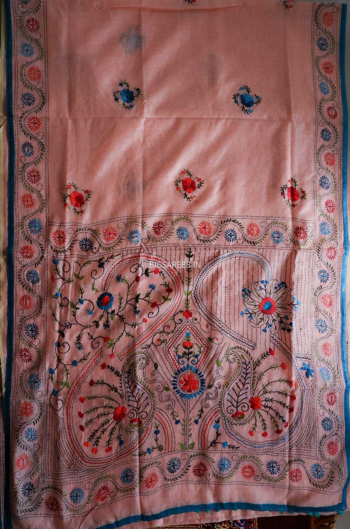 Phulkari Hand-Embroidered Saree | Chanderi Silk | Pastel Pink