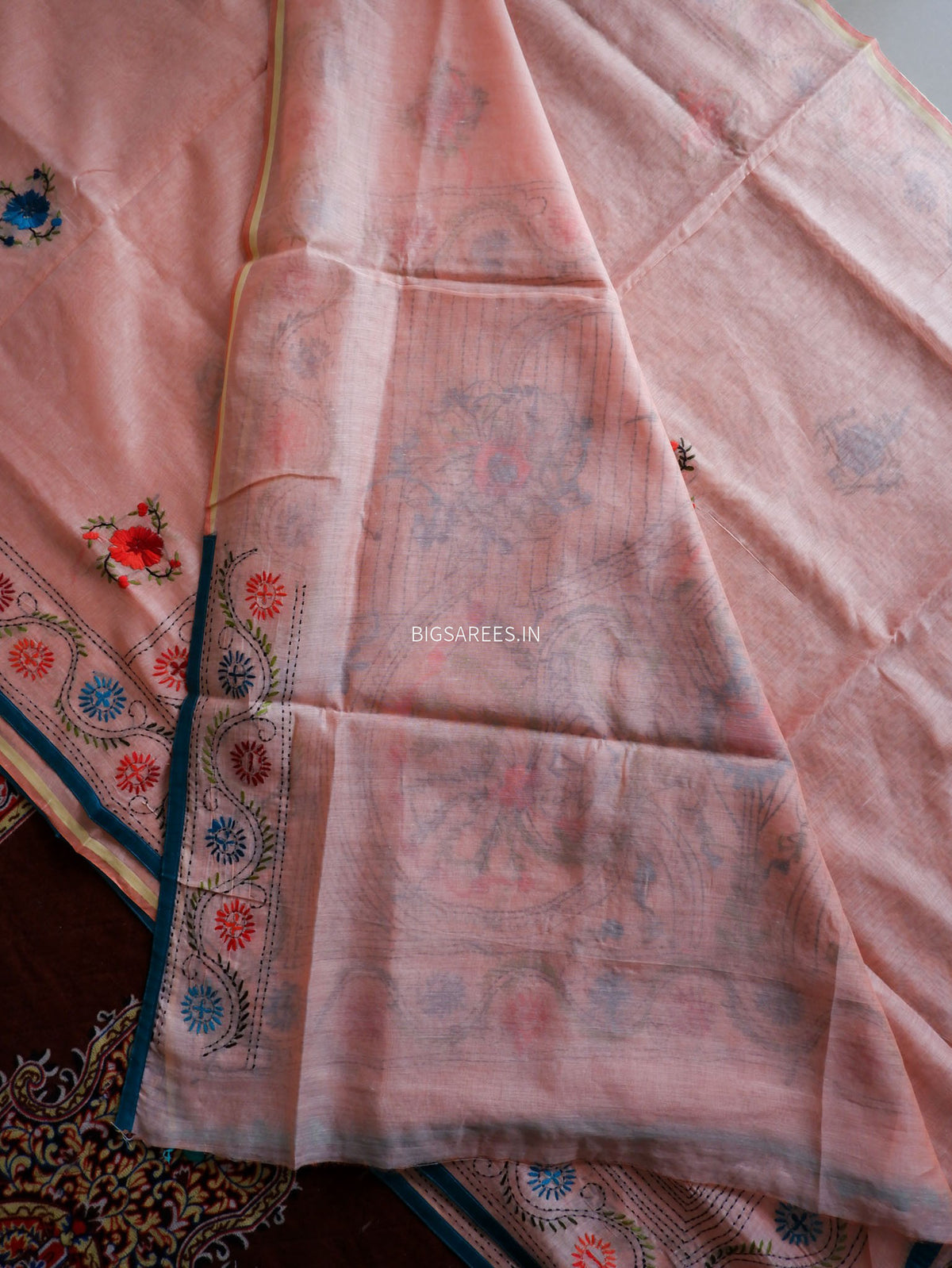 Phulkari Hand-Embroidered Saree | Chanderi Silk | Pastel Pink