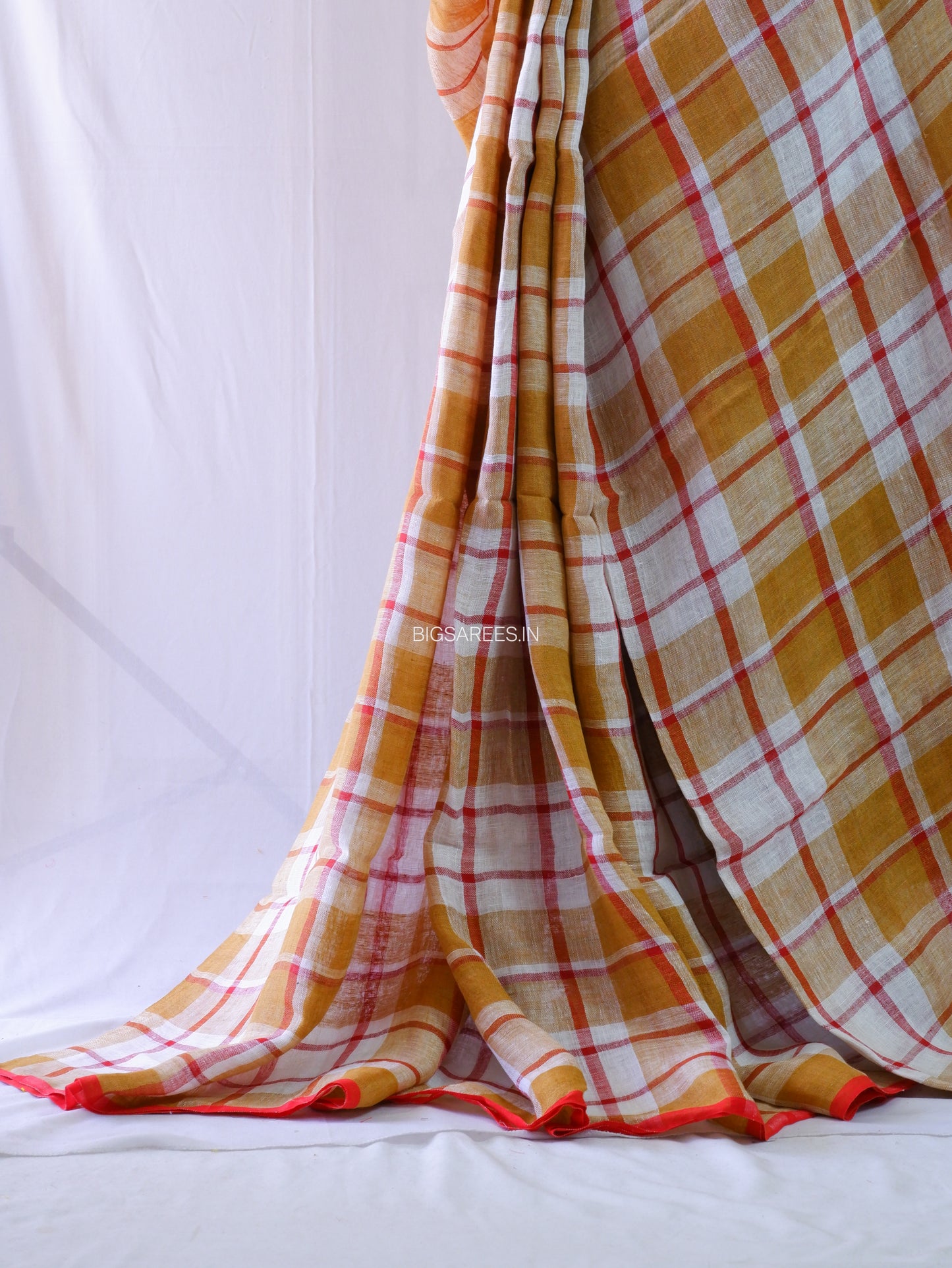 Pure Jayshree Linen Saree | Checks | Brown-Red