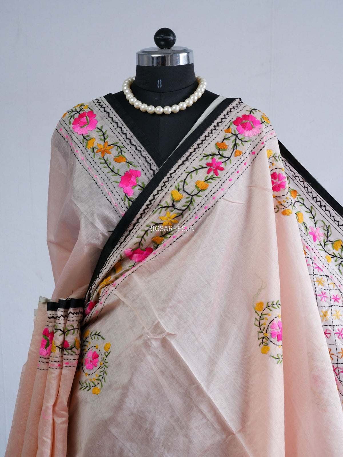Phulkari Hand-Embroidered Saree | Chanderi Silk | Pastel Pink