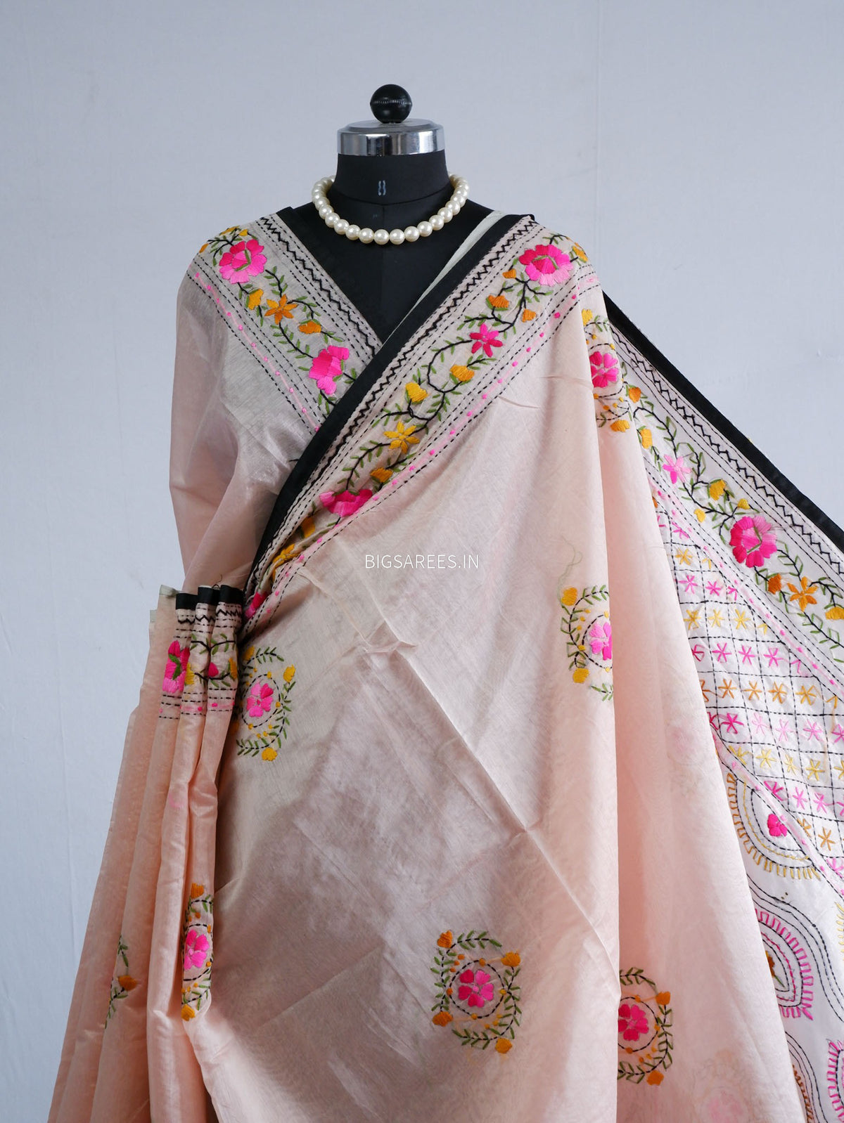Phulkari Hand-Embroidered Saree | Chanderi Silk | Pastel Pink