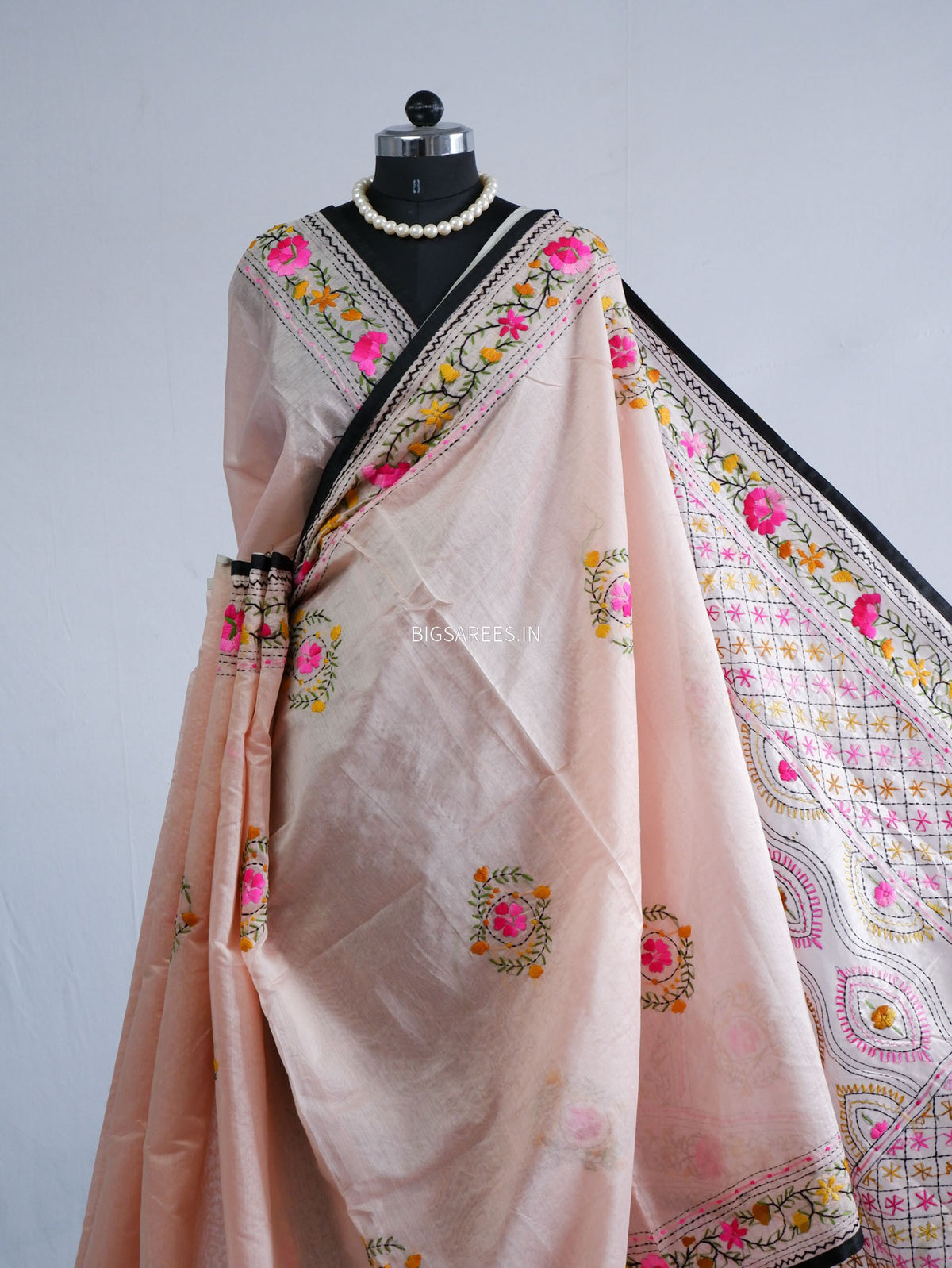 Phulkari Hand-Embroidered Saree | Chanderi Silk | Pastel Pink