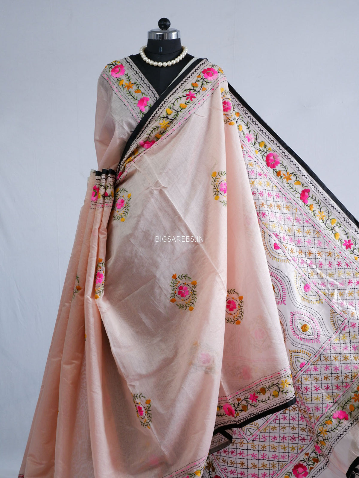 Phulkari Hand-Embroidered Saree | Chanderi Silk | Pastel Pink