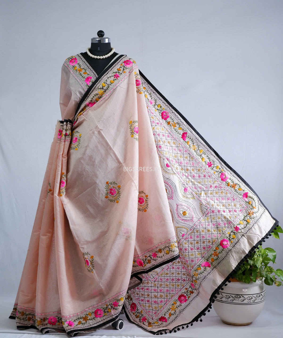 Phulkari Hand-Embroidered Saree | Chanderi Silk | Pastel Pink