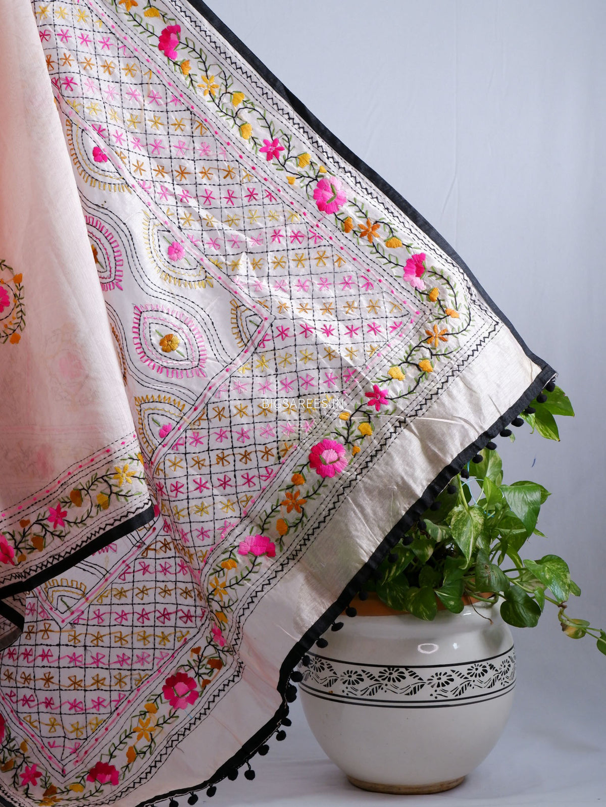 Phulkari Hand-Embroidered Saree | Chanderi Silk | Pastel Pink