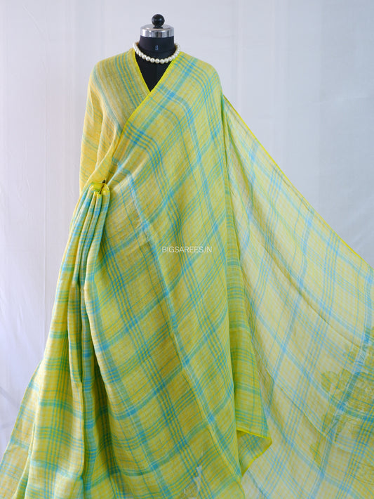 Pure Jayshree Linen Saree | Checks | Yellow-Green