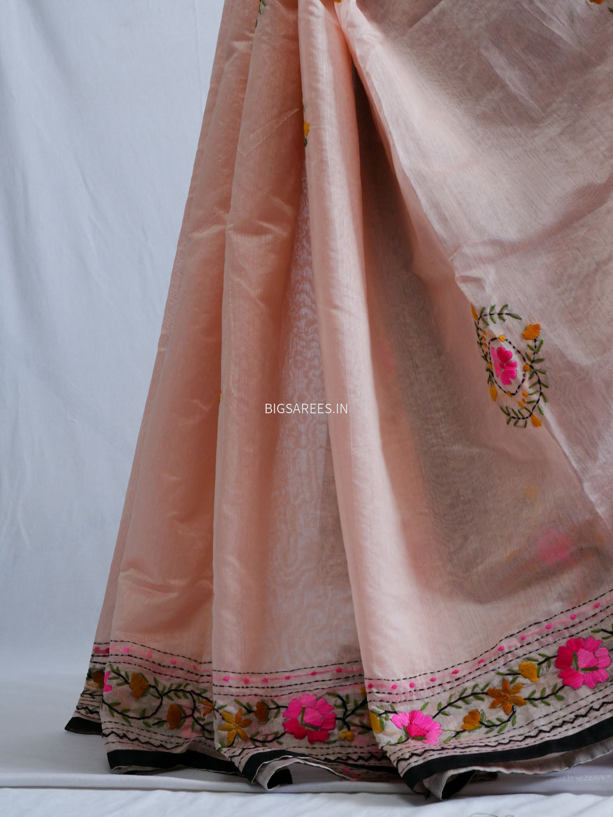 Phulkari Hand-Embroidered Saree | Chanderi Silk | Pastel Pink