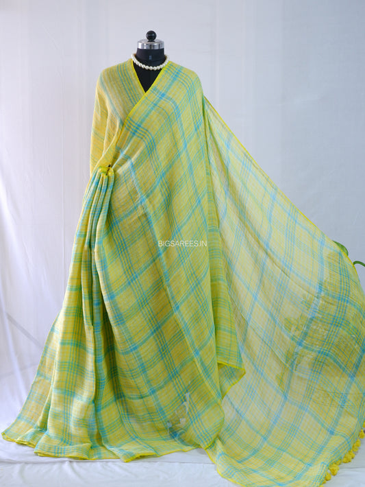 Pure Jayshree Linen Saree | Checks | Yellow-Green