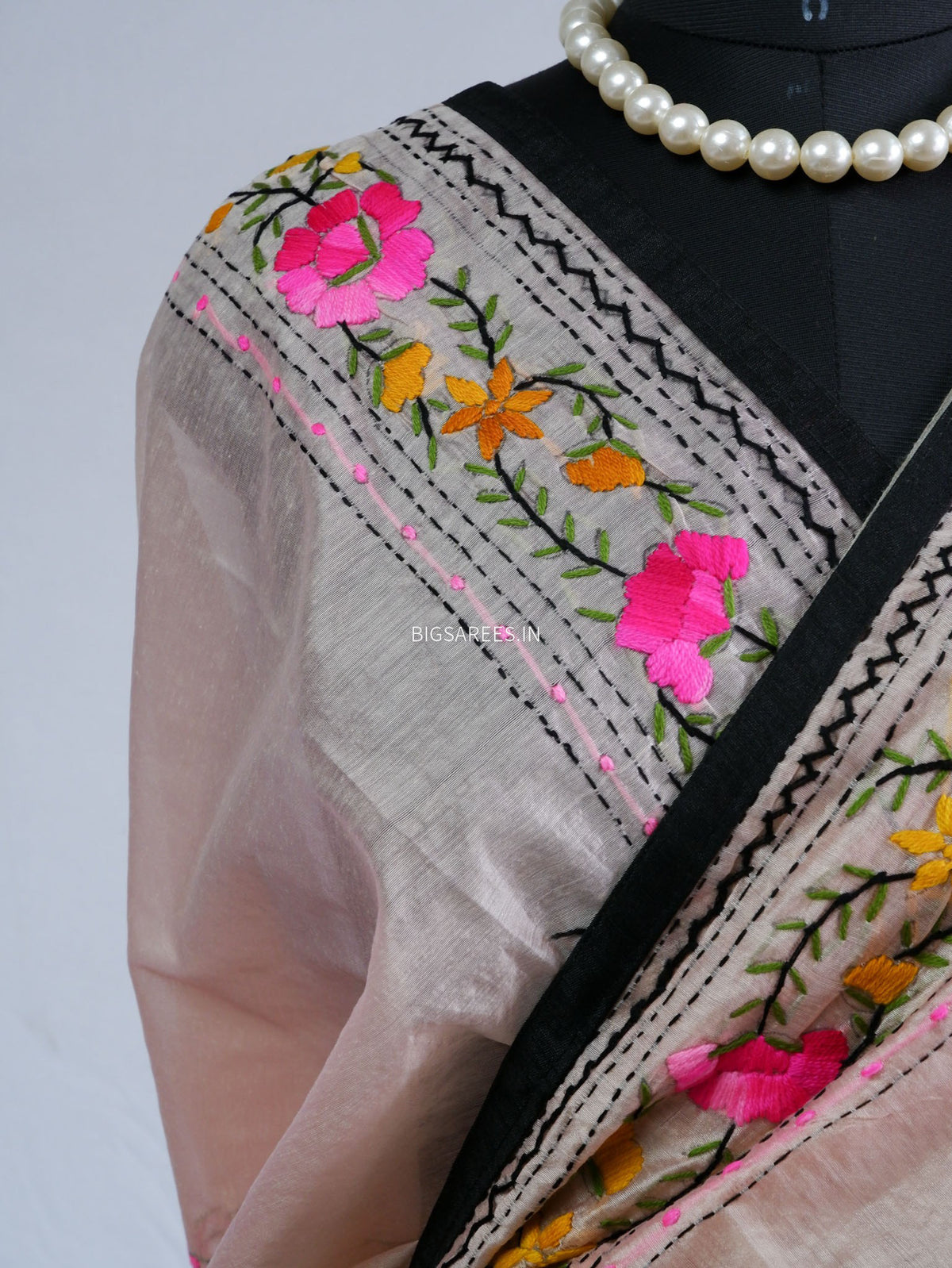 Phulkari Hand-Embroidered Saree | Chanderi Silk | Pastel Pink