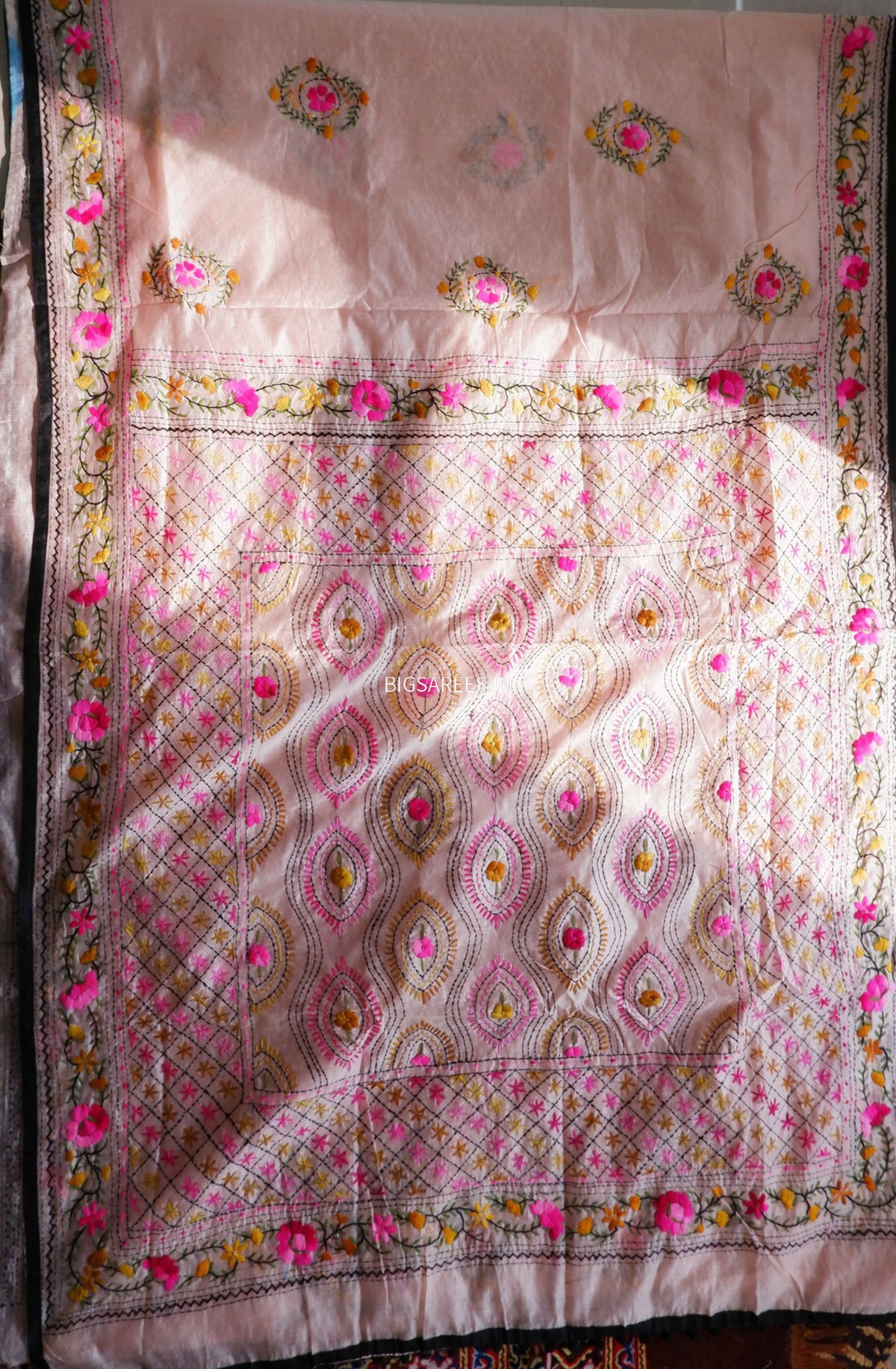Phulkari Hand-Embroidered Saree | Chanderi Silk | Pastel Pink