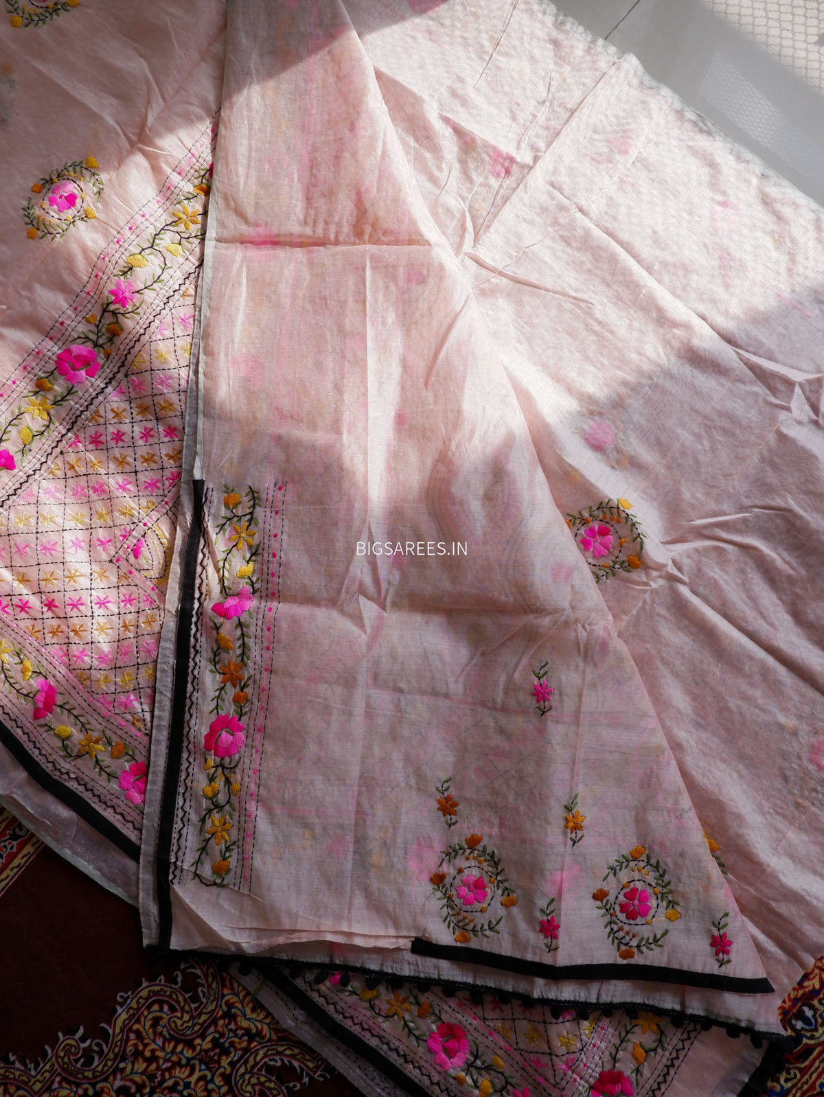 Phulkari Hand-Embroidered Saree | Chanderi Silk | Pastel Pink