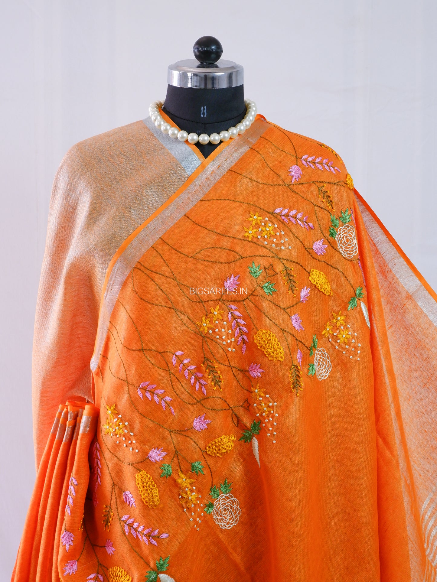 Hand-Embroidered Linen Saree | Linen by Linen | Orange