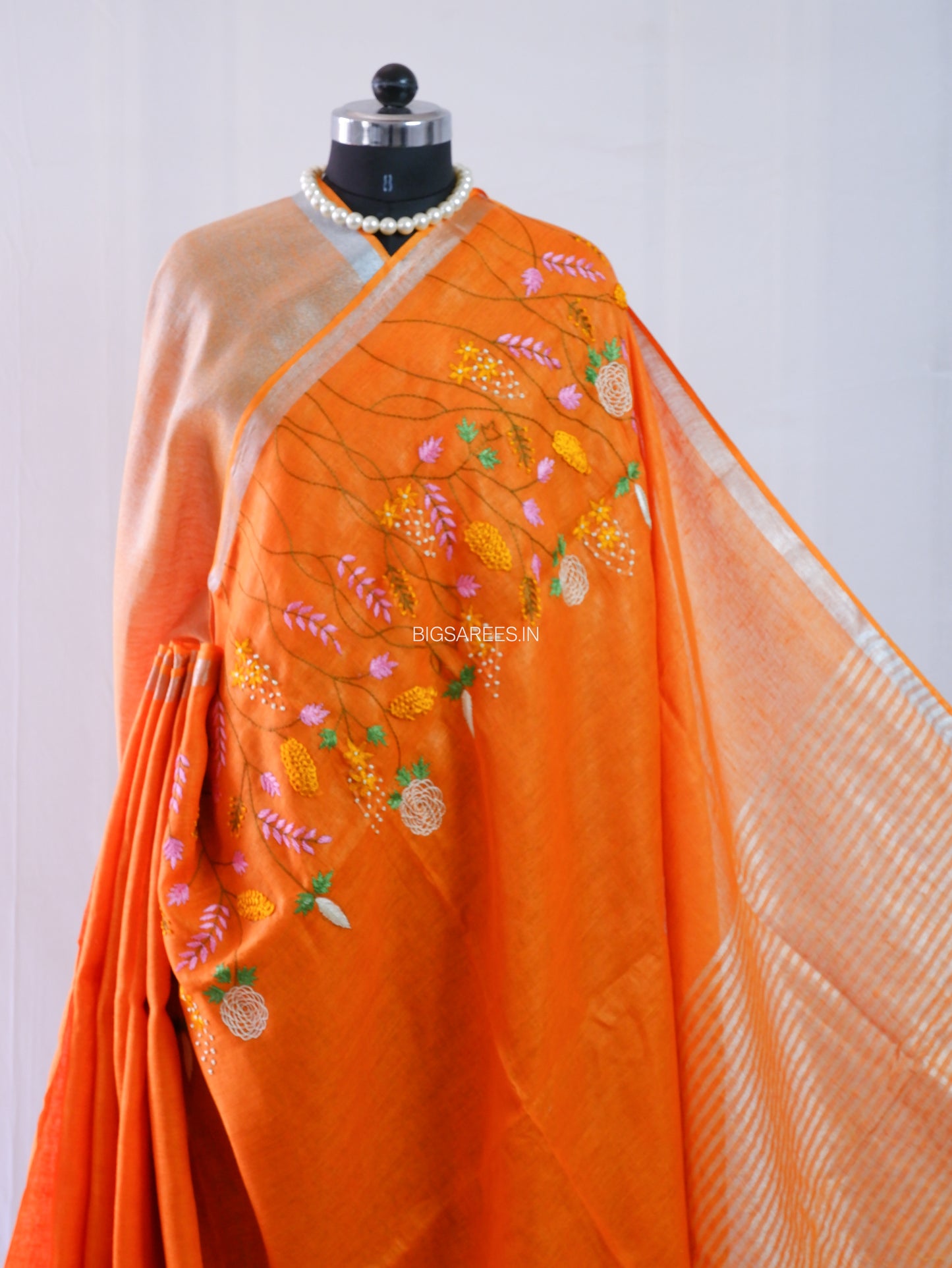 Hand-Embroidered Linen Saree | Linen by Linen | Orange