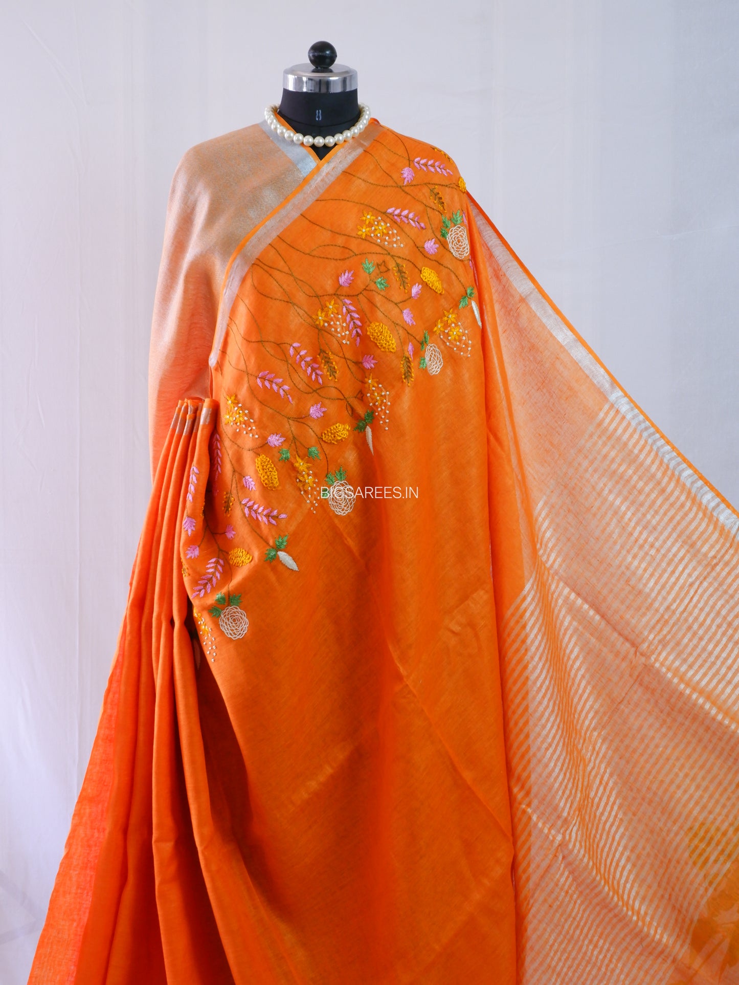 Hand-Embroidered Linen Saree | Linen by Linen | Orange
