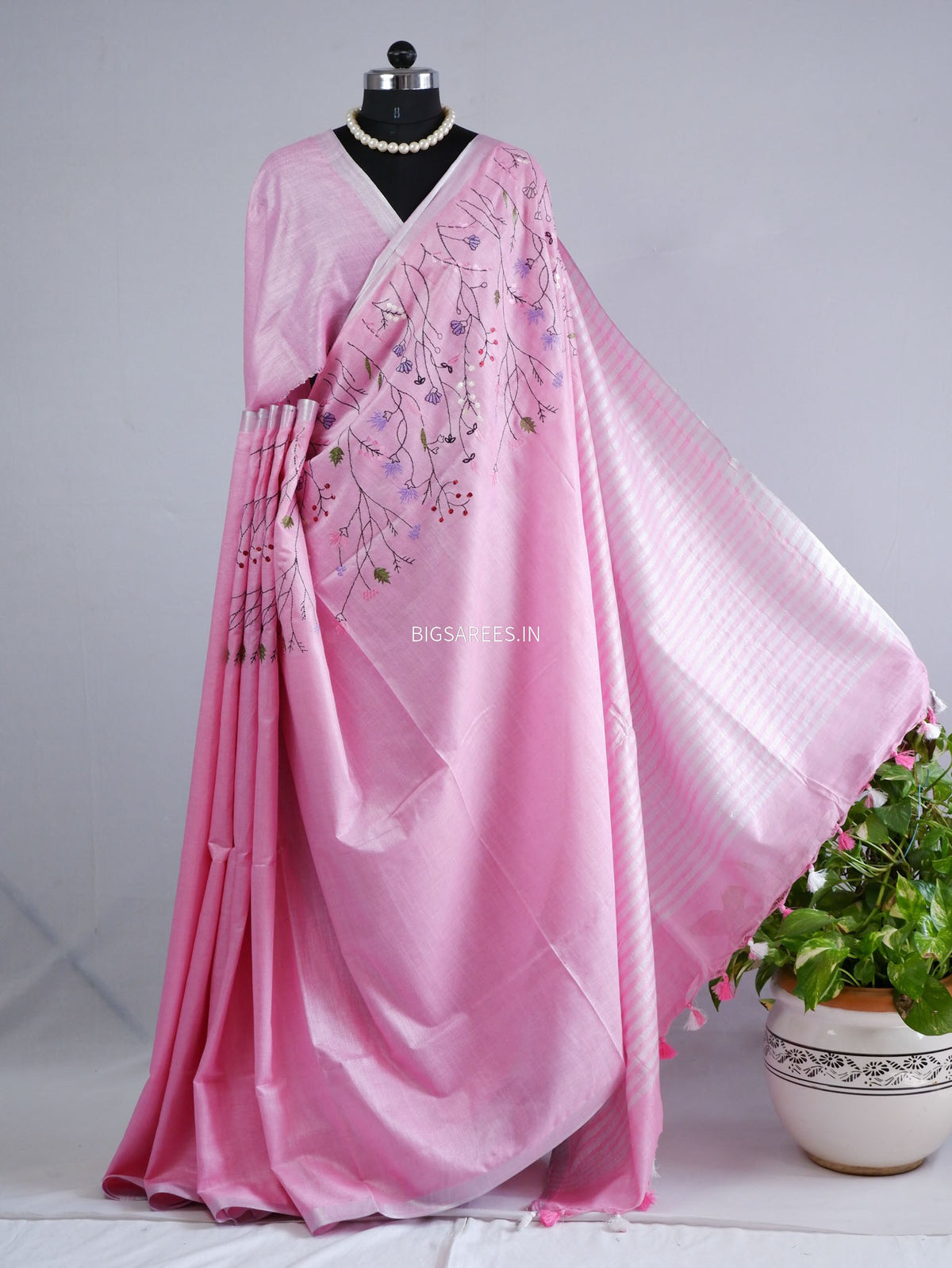 Hand-Embroidered Linen Saree | Cotton Linen |