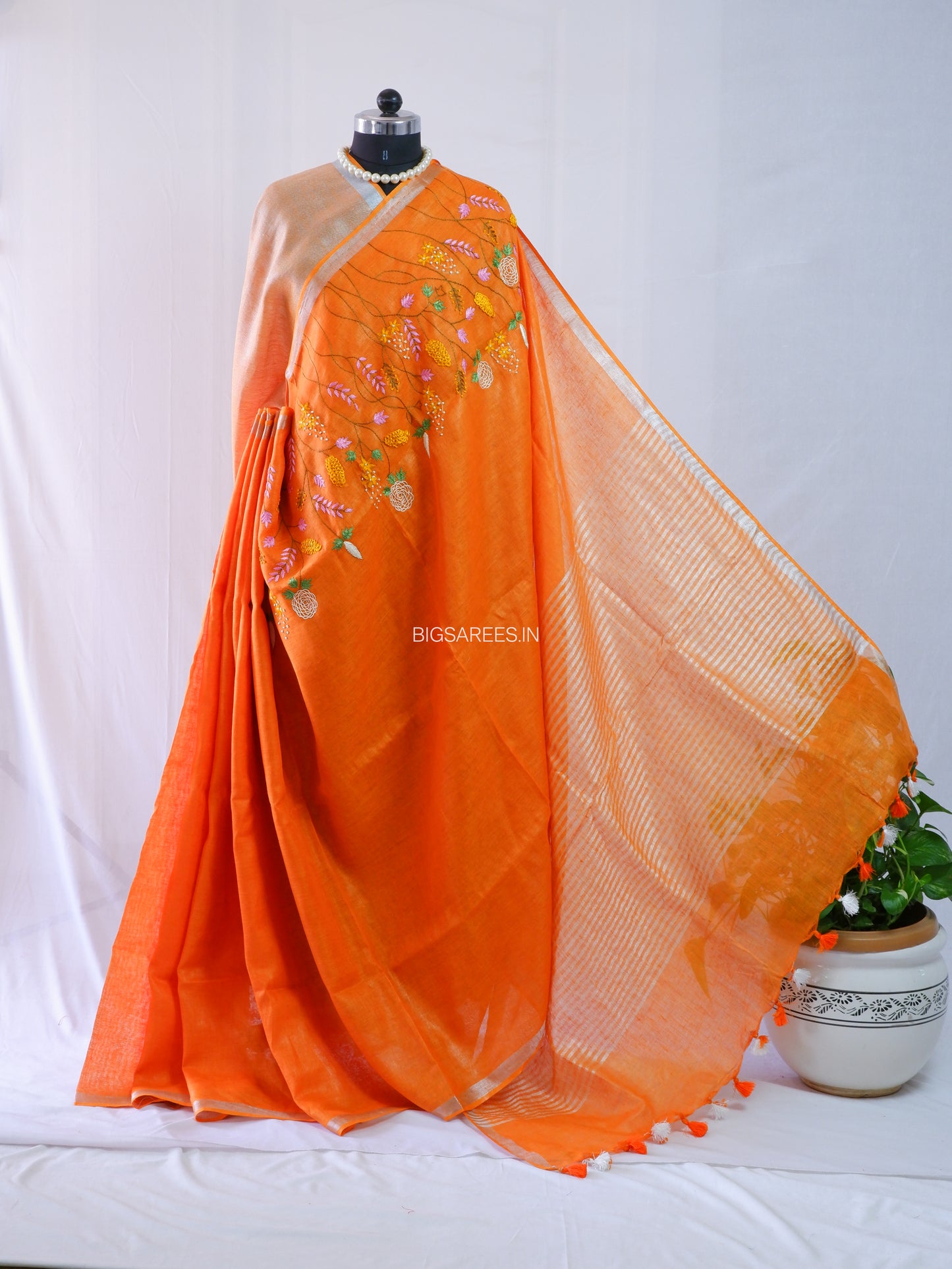 Hand-Embroidered Linen Saree | Linen by Linen | Orange