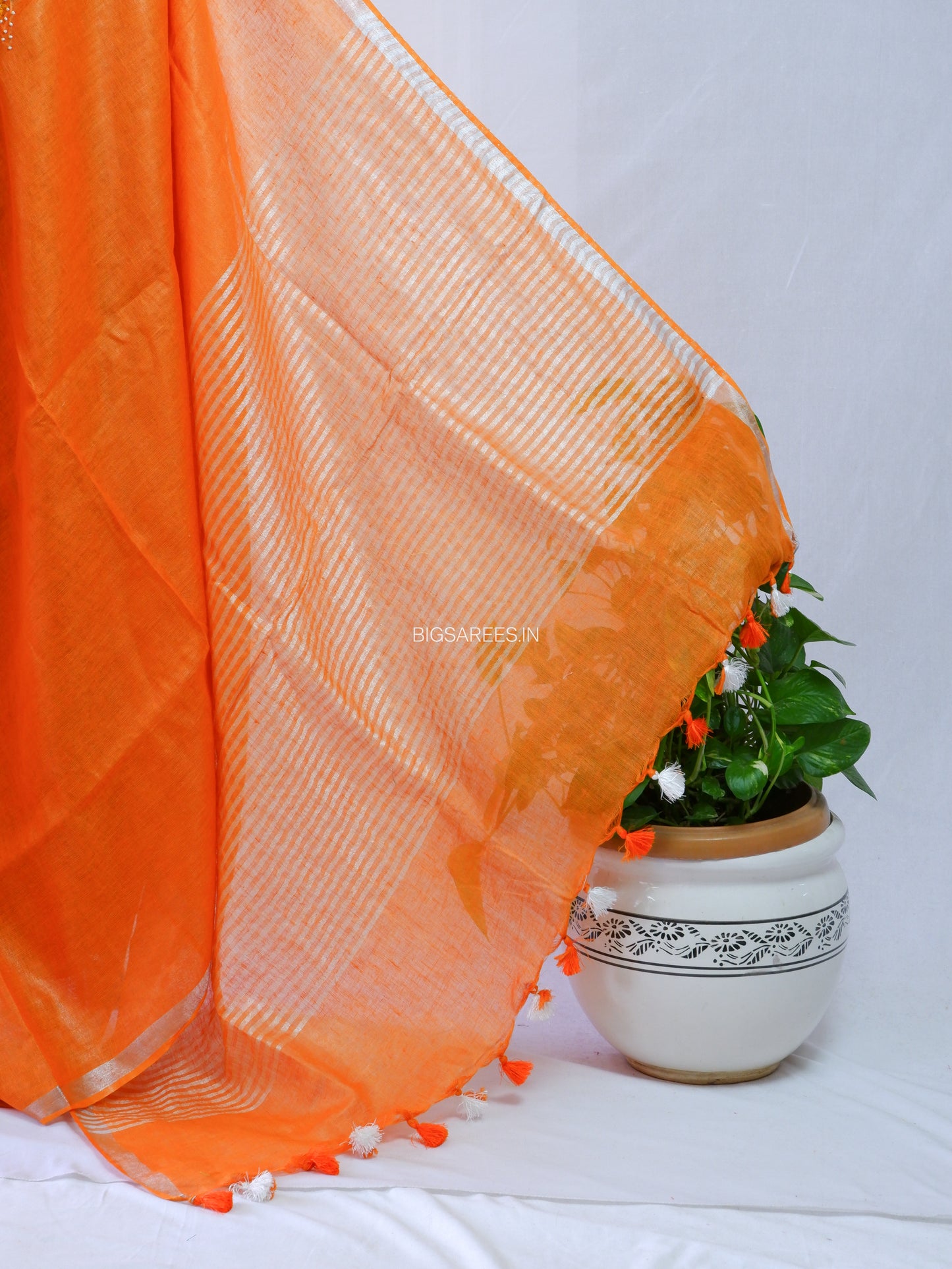 Hand-Embroidered Linen Saree | Linen by Linen | Orange