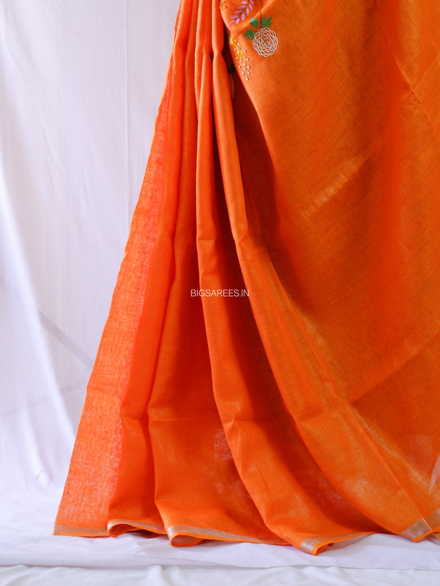 Hand-Embroidered Linen Saree | Linen by Linen | Orange