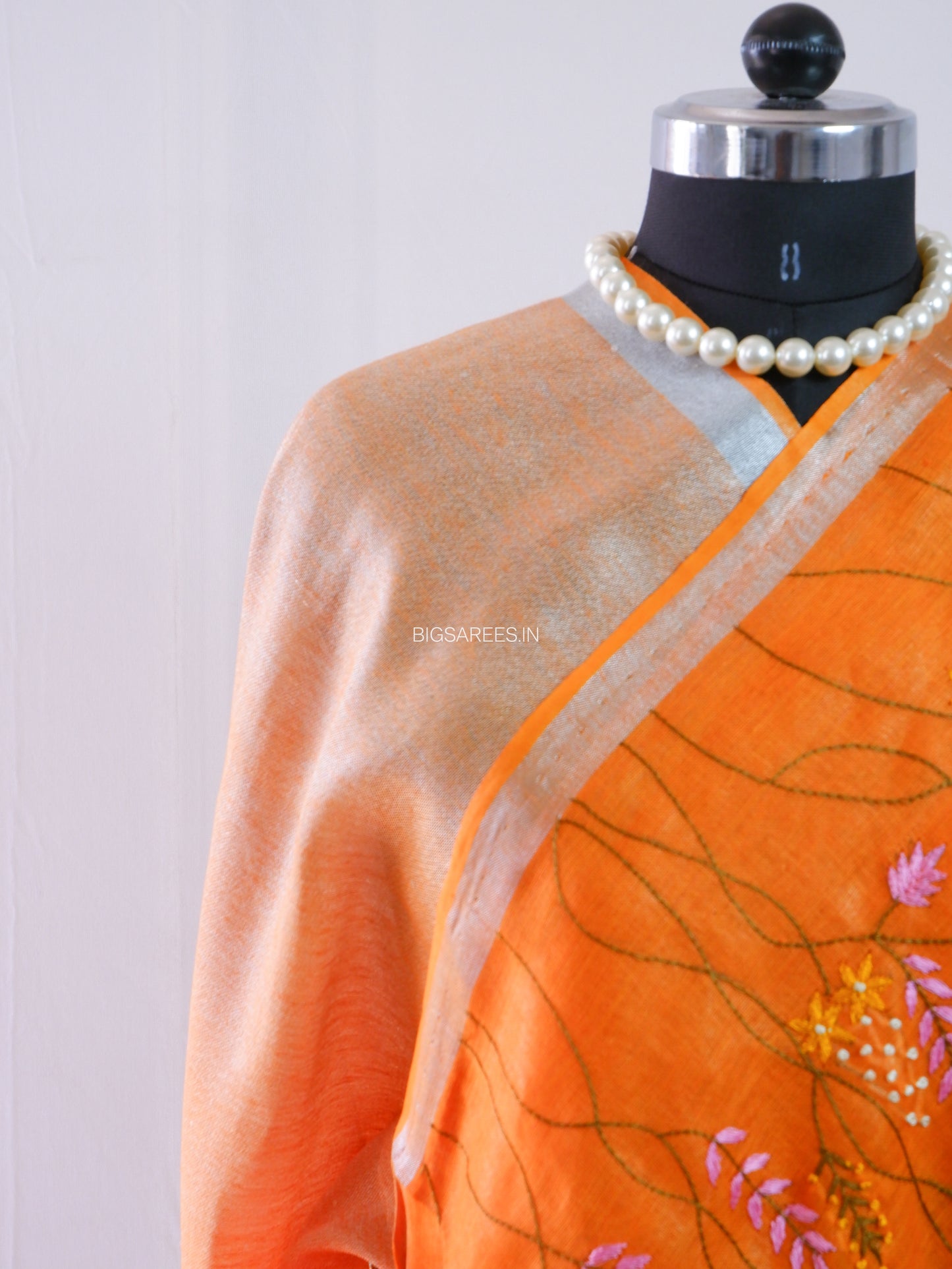 Hand-Embroidered Linen Saree | Linen by Linen | Orange