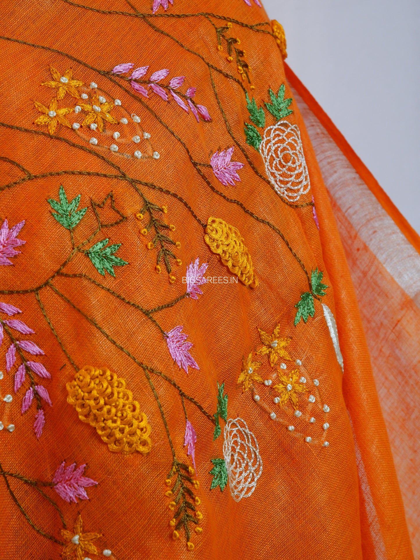 Hand-Embroidered Linen Saree | Linen by Linen | Orange