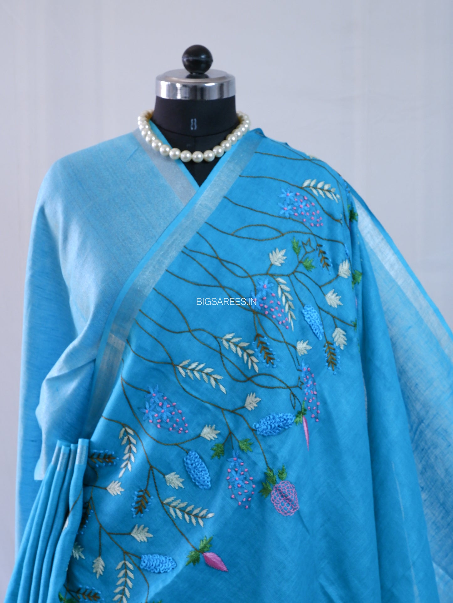 Hand-Embroidered Linen Saree | Linen by Linen | Blue