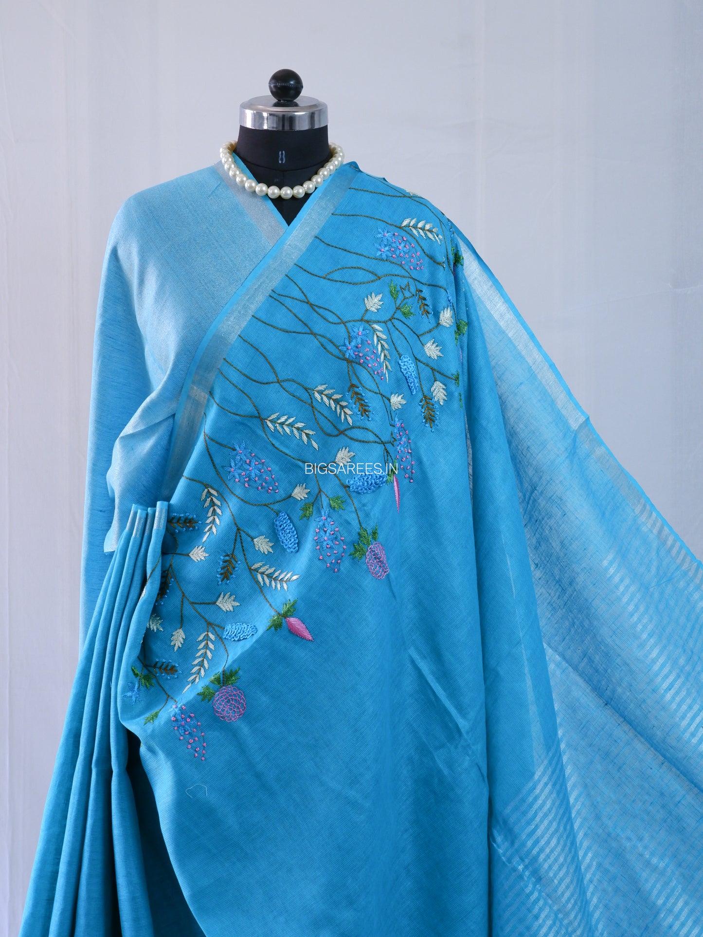 Hand-Embroidered Linen Saree | Linen by Linen | Blue