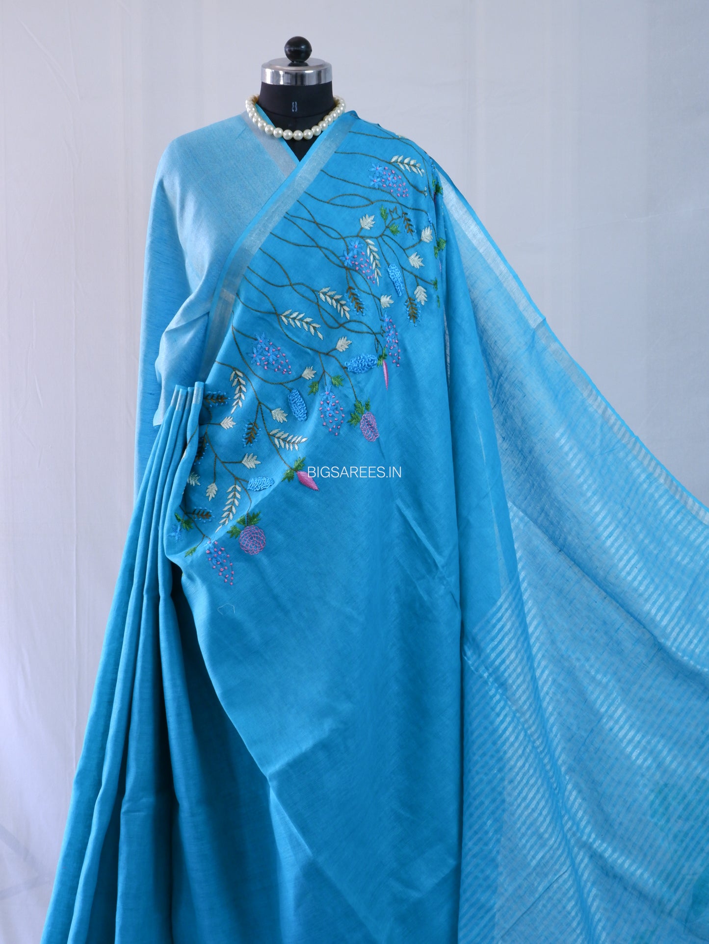 Hand-Embroidered Linen Saree | Linen by Linen | Blue