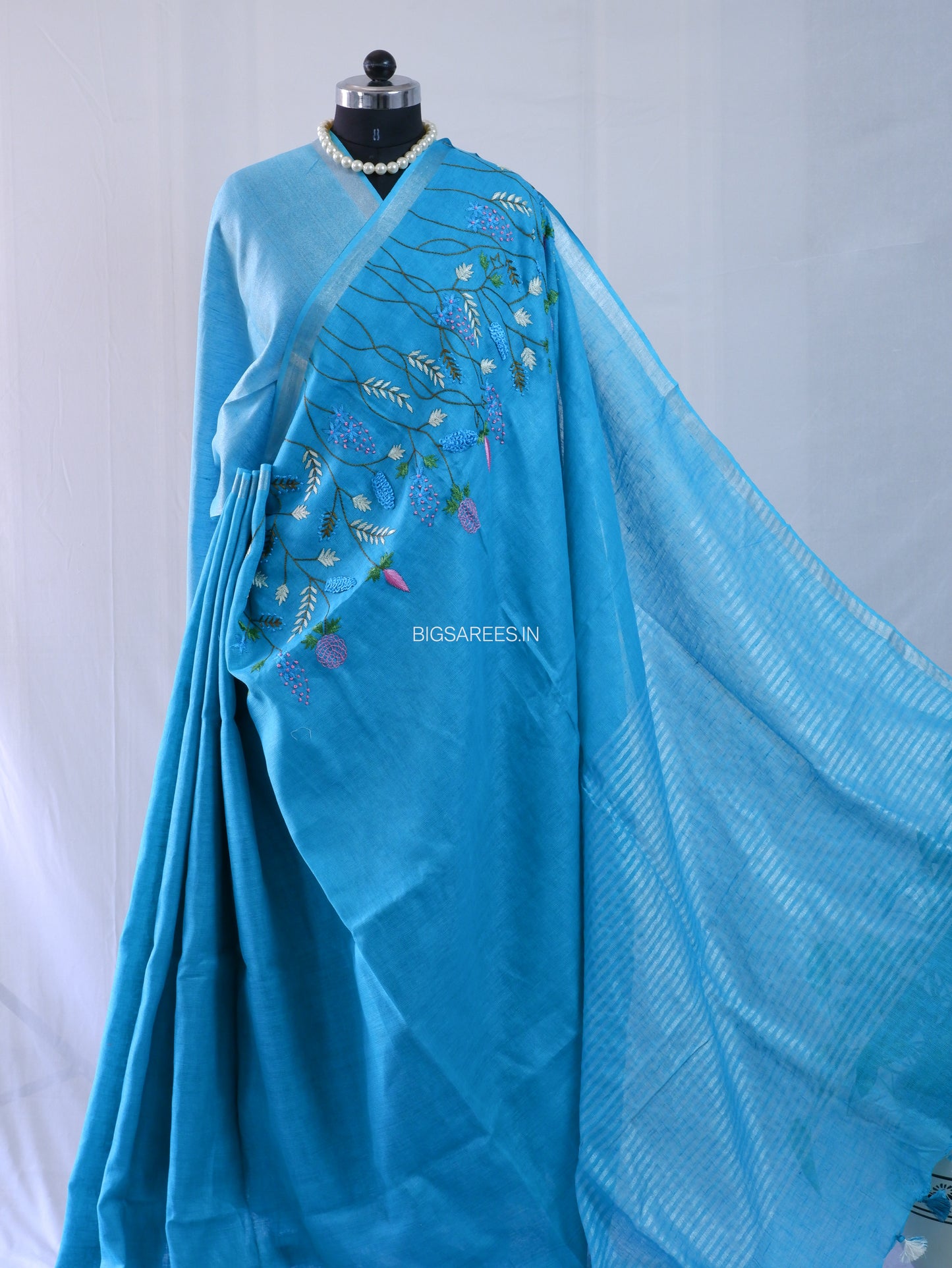 Hand-Embroidered Linen Saree | Linen by Linen | Blue