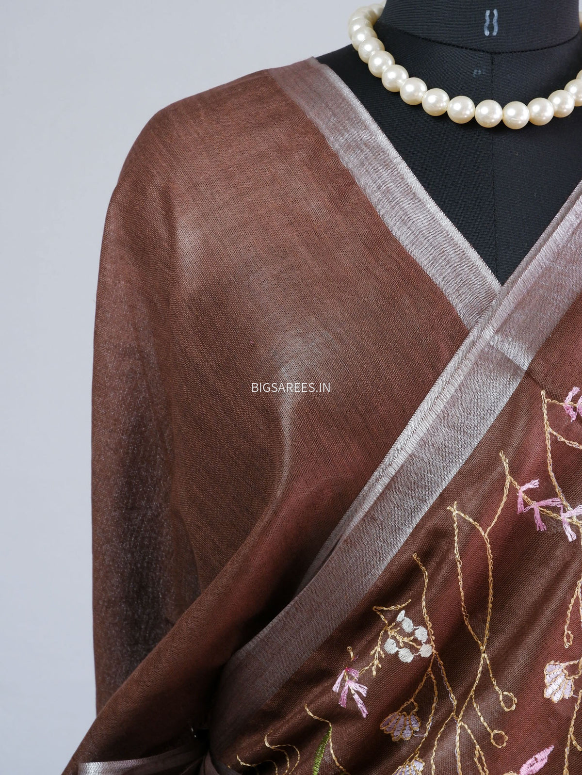 Hand-Embroidered Linen Saree | Cotton Linen |