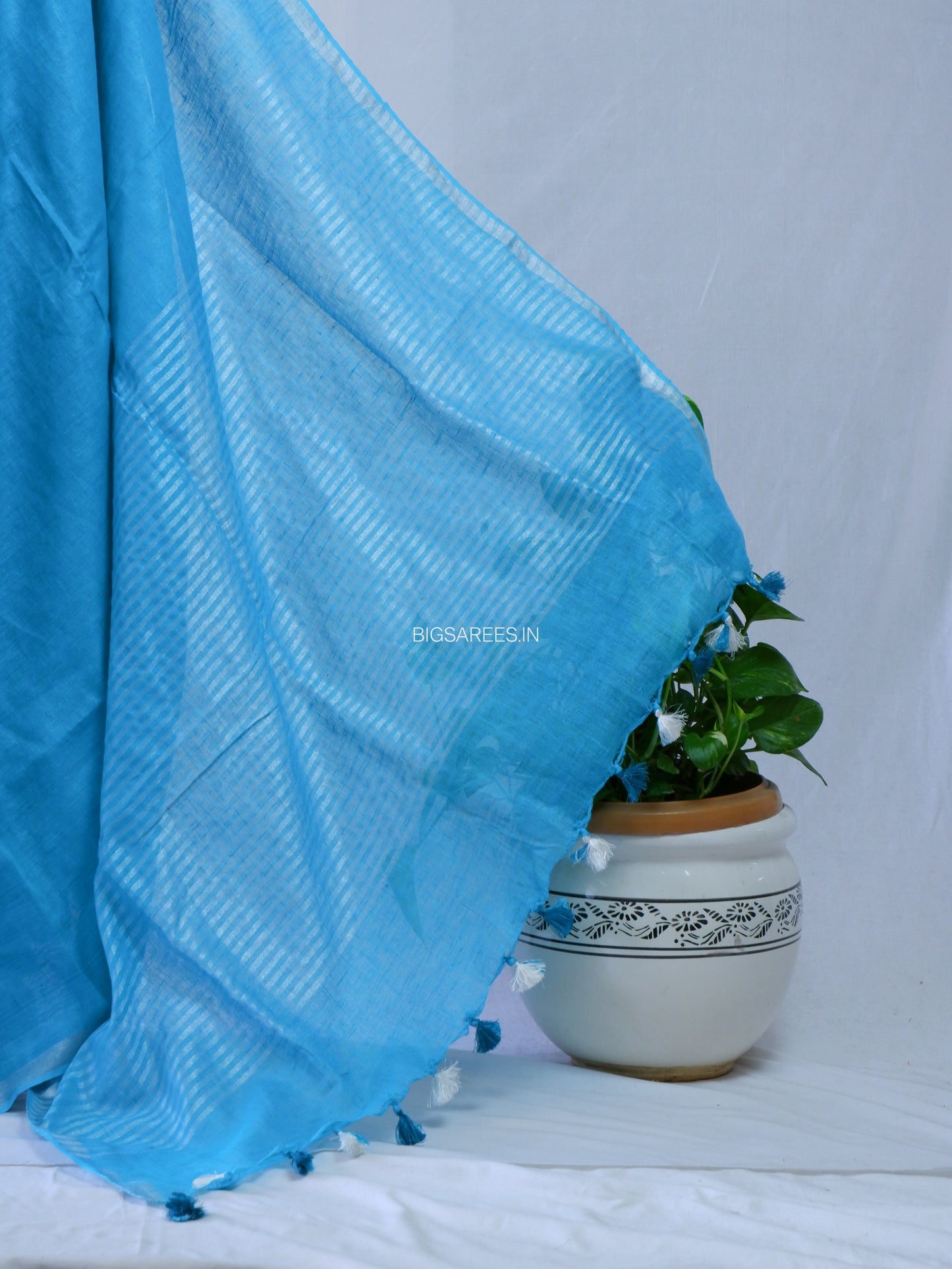 Hand-Embroidered Linen Saree | Linen by Linen | Blue