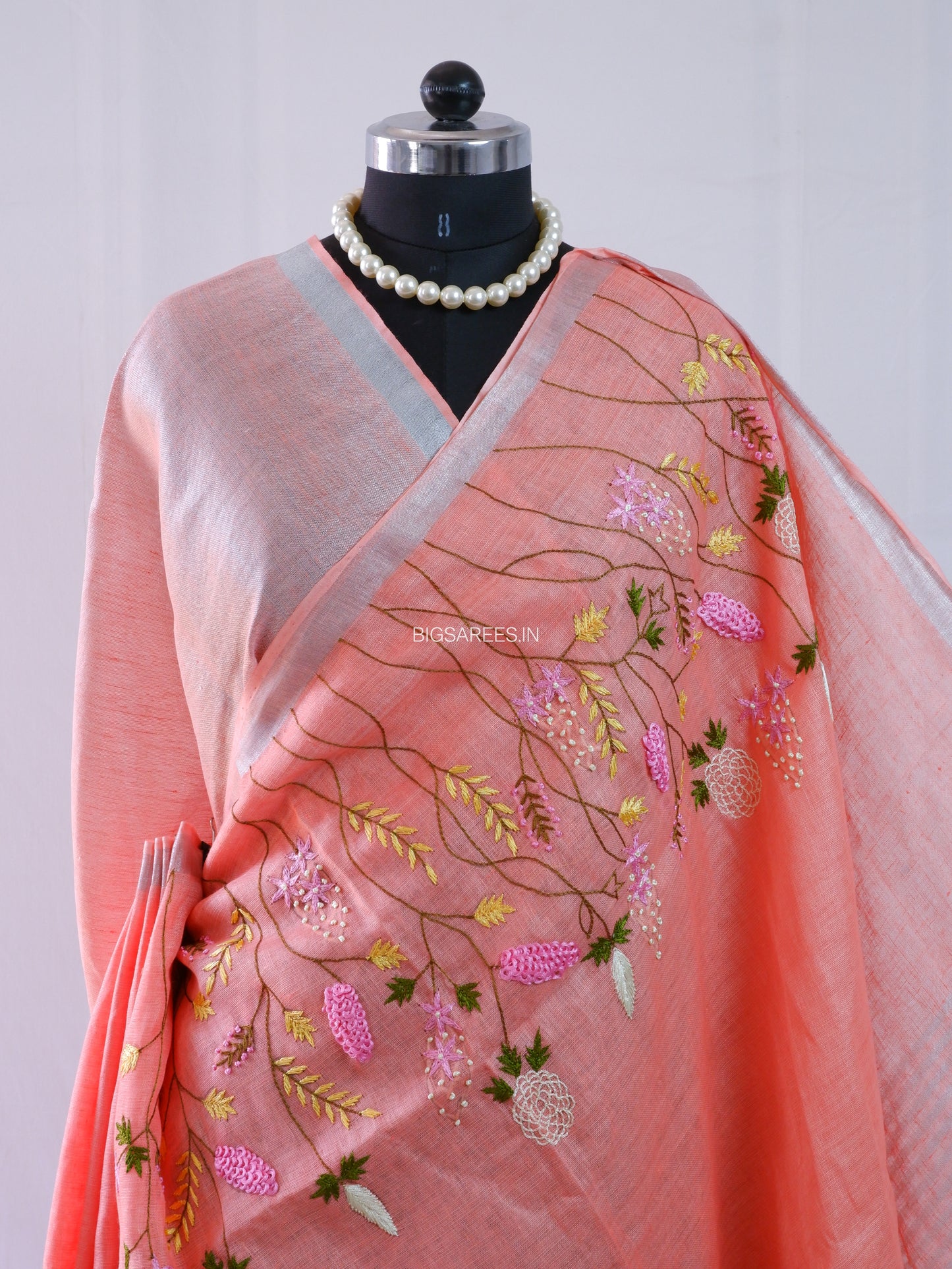 Hand-Embroidered Linen Saree | Linen by Linen | Peach Pink