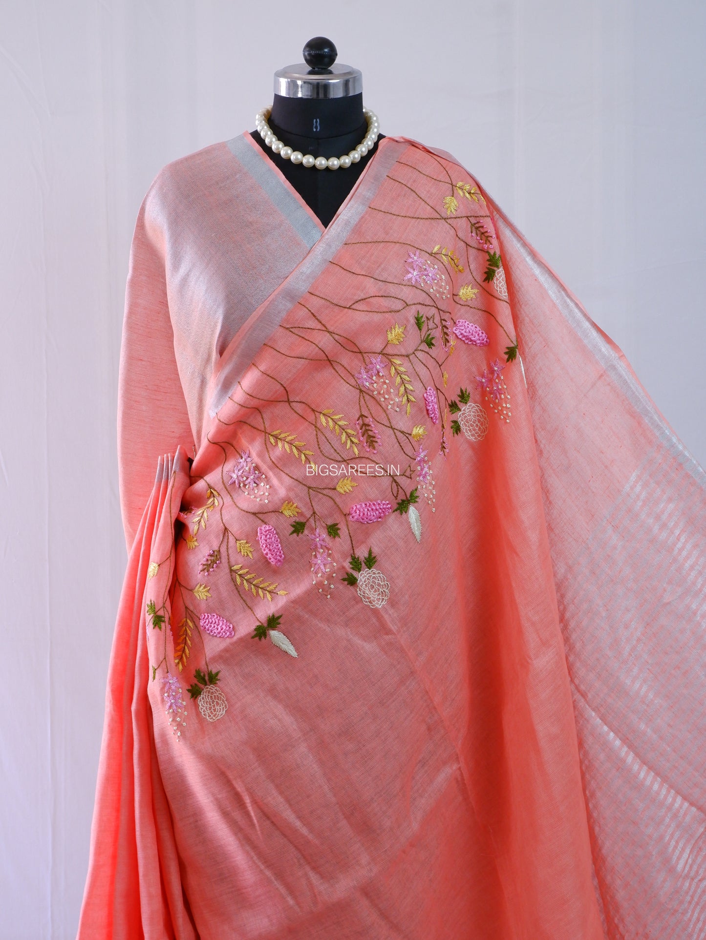 Hand-Embroidered Linen Saree | Linen by Linen | Peach Pink